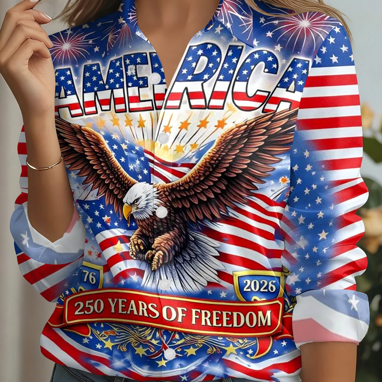 TEMU Women's Long Sleeve Shirt With 250th Anniversary Of American National Celebration Graphic Print, Casual Long Sleeve Blouse