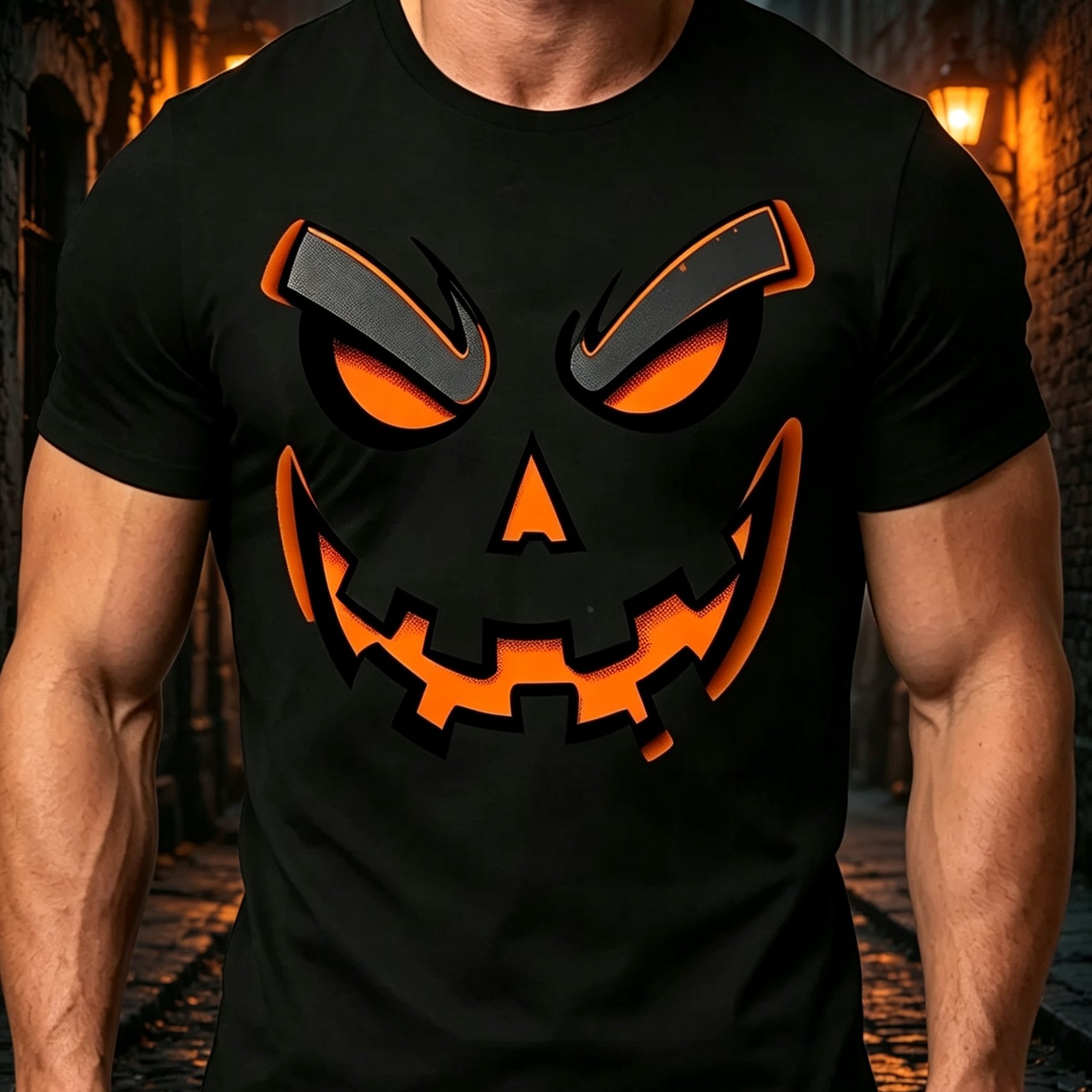 TEMU Halloween Costume Printed Design- No Texture Men's Halloween Pumpkin Face Pattern T-shirt In Black With Orange Eyes, Soft And Breathable, Round