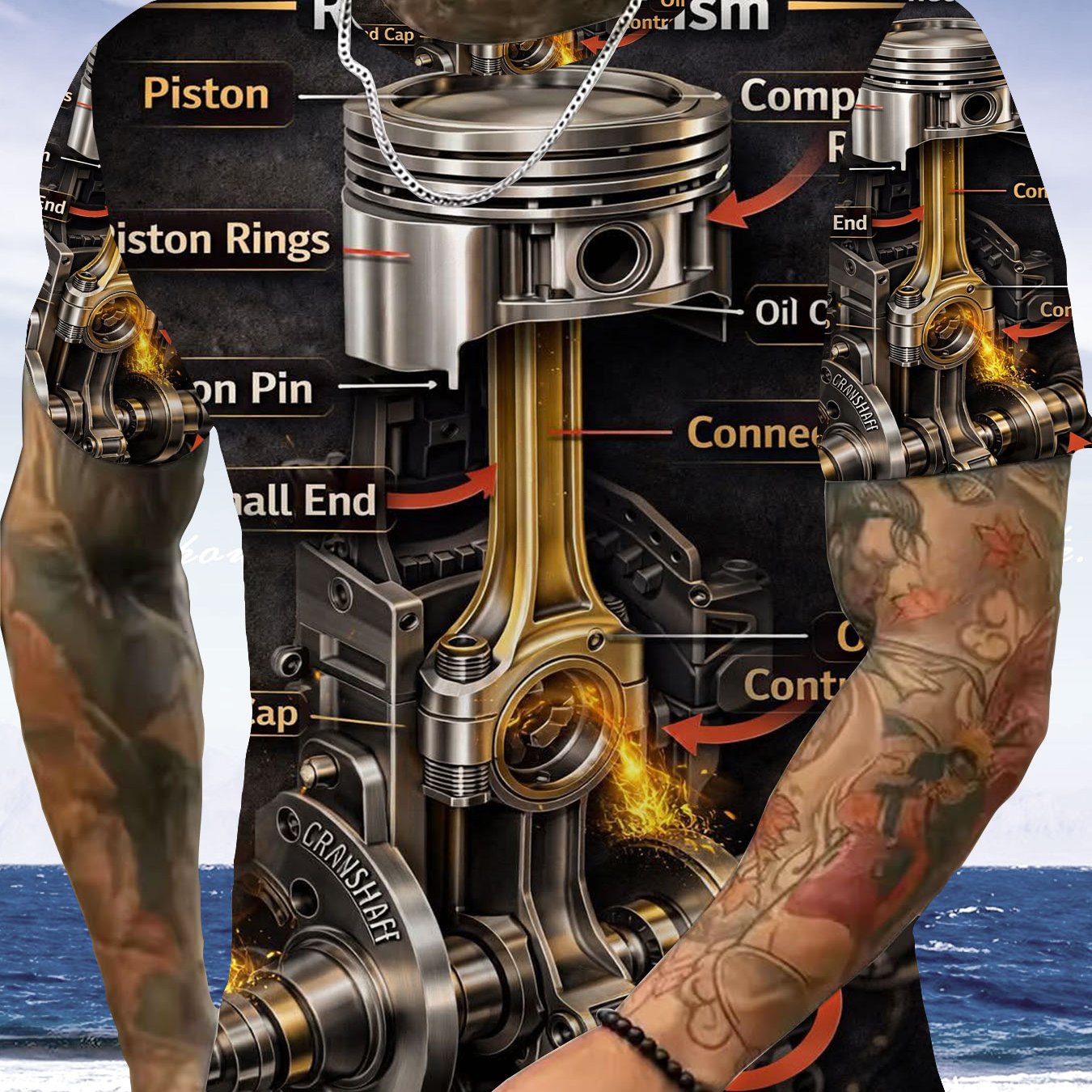 TEMU Men's 3d Polyester T-shirt With Piston Connecting Rod Mechanism Print, Engine Mechanical Structure Graphic Tee, Casual Short Sleeve Top For Car