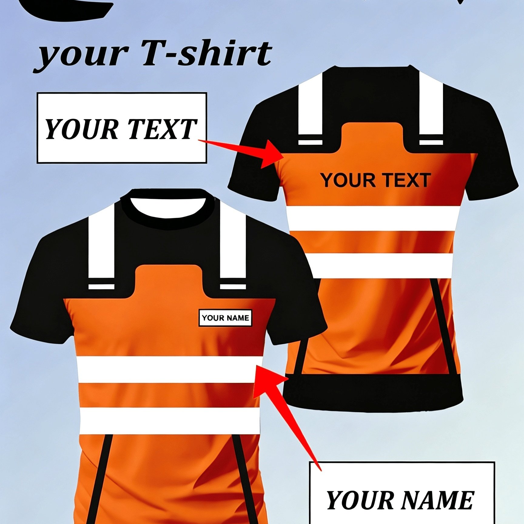 TEMU T-shirt de travail personnalisé pour homme - /nom personnalisé, design contrasté noir et orange, manches courtes à col rond, idéal pour , de