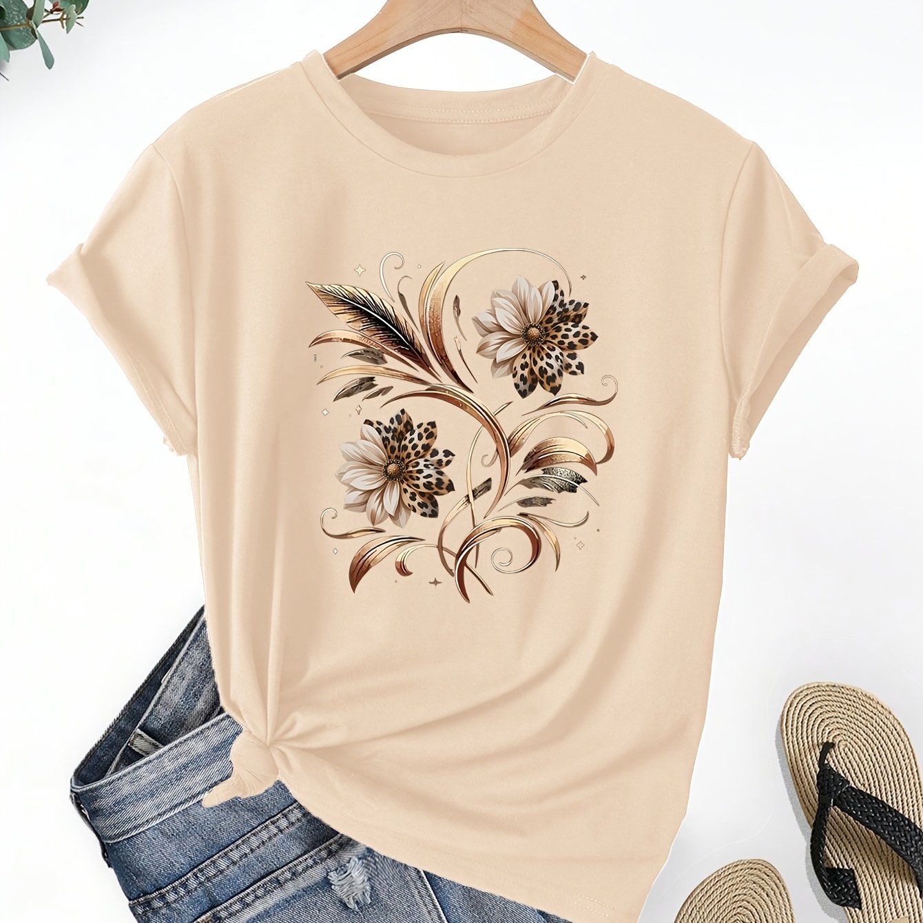 TEMU Women's Fashion Printed T-shirt, Featuring A Leopard And Floral , Round Neck Short Sleeve Top, Soft, Comfortable, Breathable, And Machine