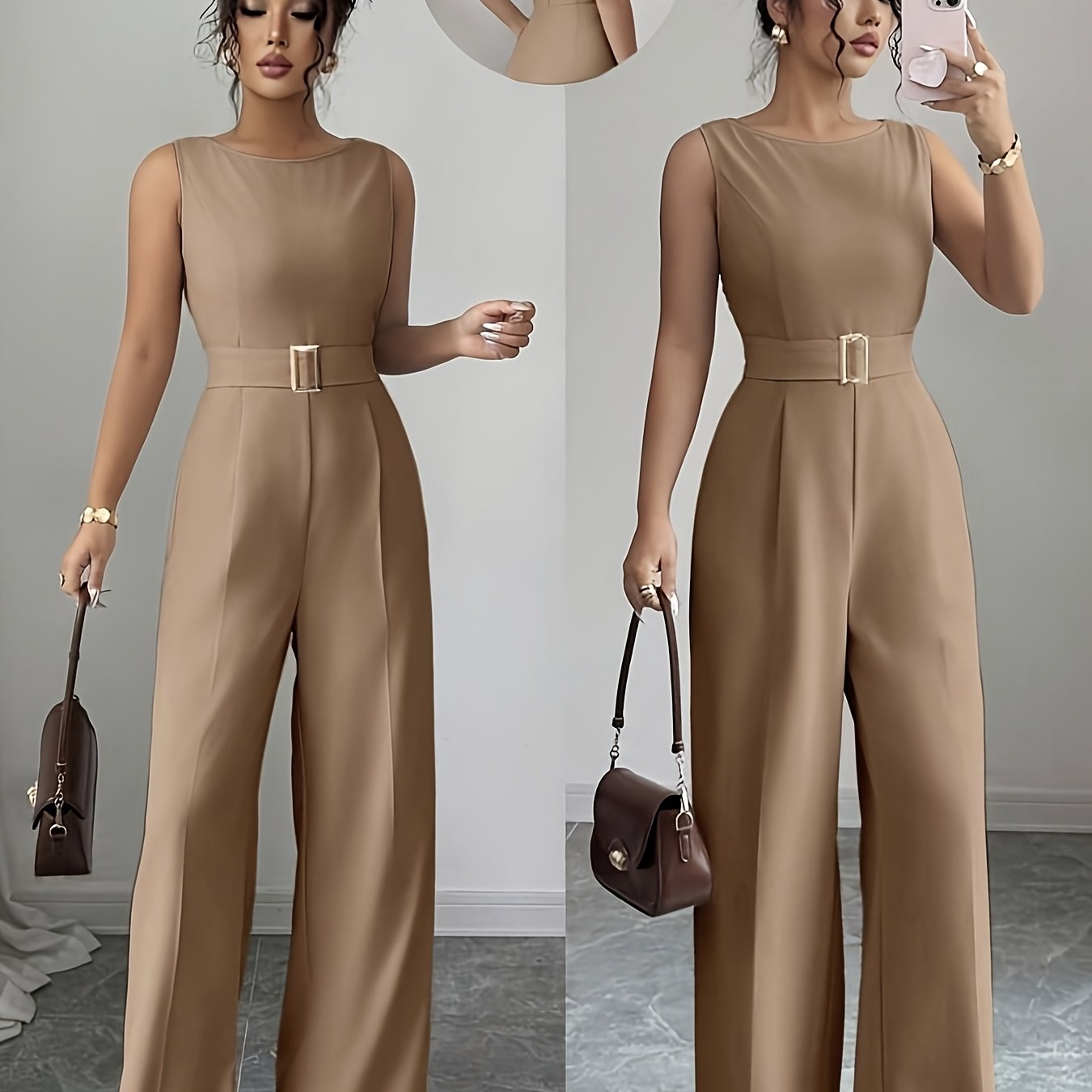 TEMU French Romantic Round Neck Sleeveless Solid Metallic Waist Wide Leg Jumpsuit, Yy1113112