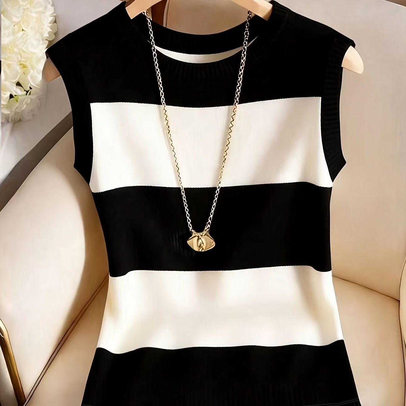 TEMU Gilet élégant manches à col rond pour femme, T-shirt rayé polyvalent et coupe ajustée