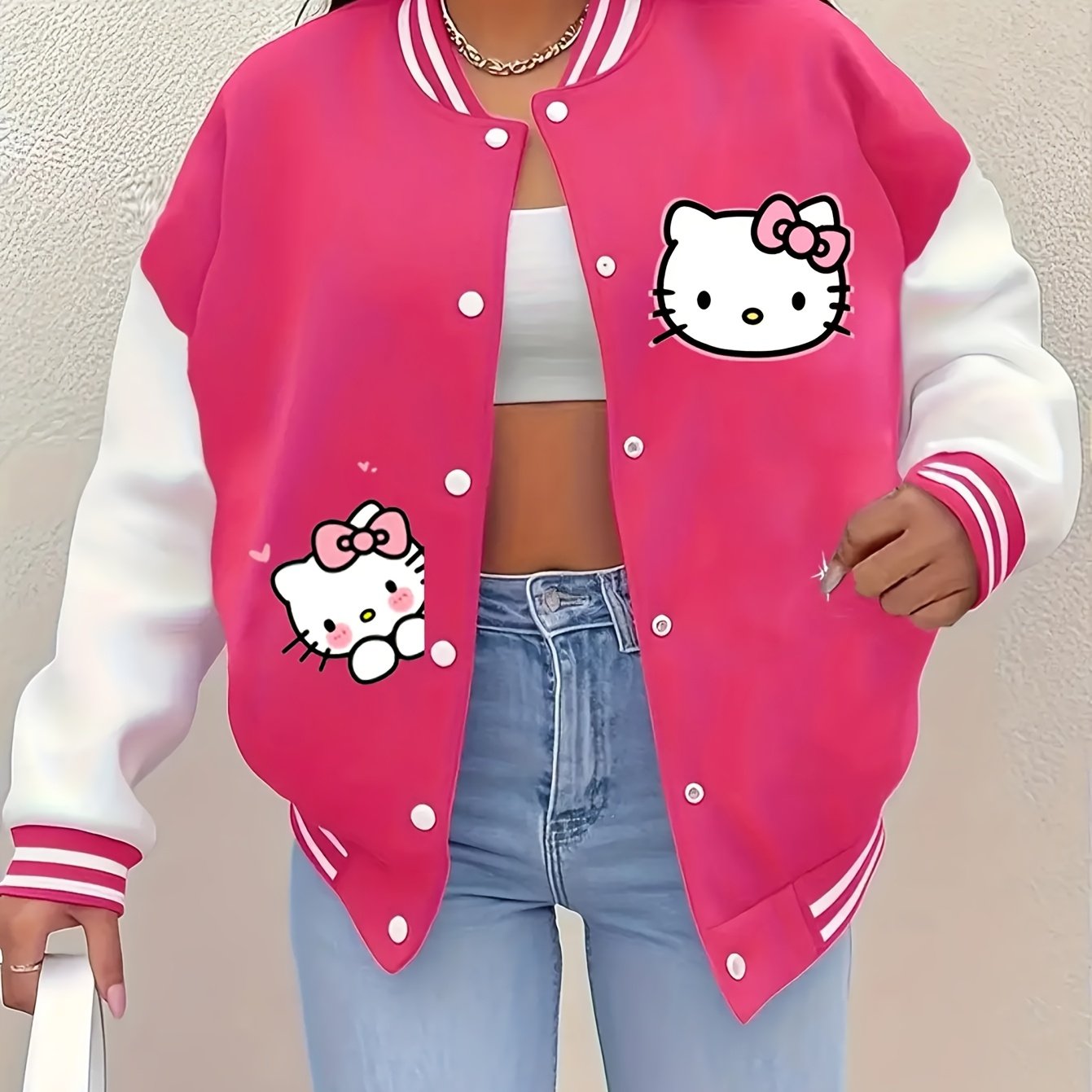 Hello Kitty Anime Jacket For Women - Pink And White Baseball Jacket With Heart And Bow Cutouts Cute Casual Jacket Perfect For Themed Events, Casual Attire, Or Layering For Fall _1