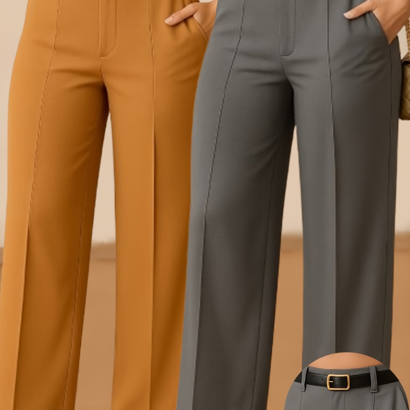 TEMU A Set Of 2 Elegant Solid Color High-waisted Straight-leg Pants For Women Featuring Diagonal Pockets For Keys And Phones. Are The 2026 New