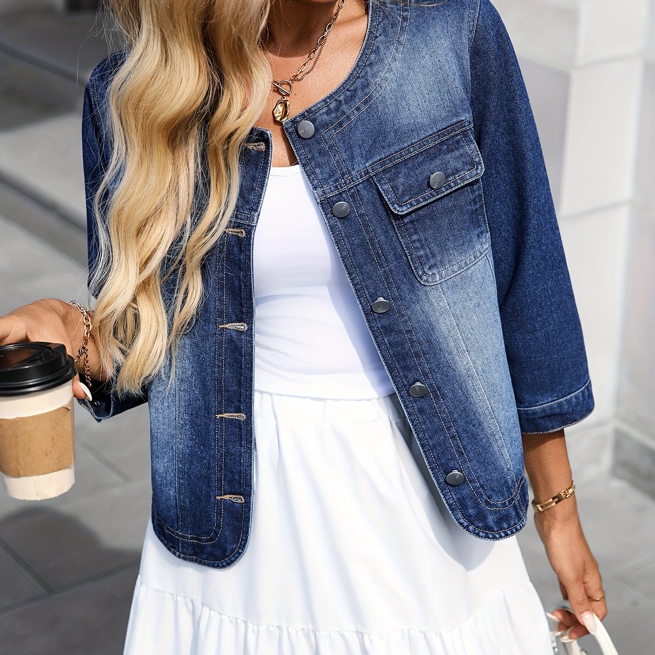 Denim Jacket With A Round Neck And Three-quarter Sleeves