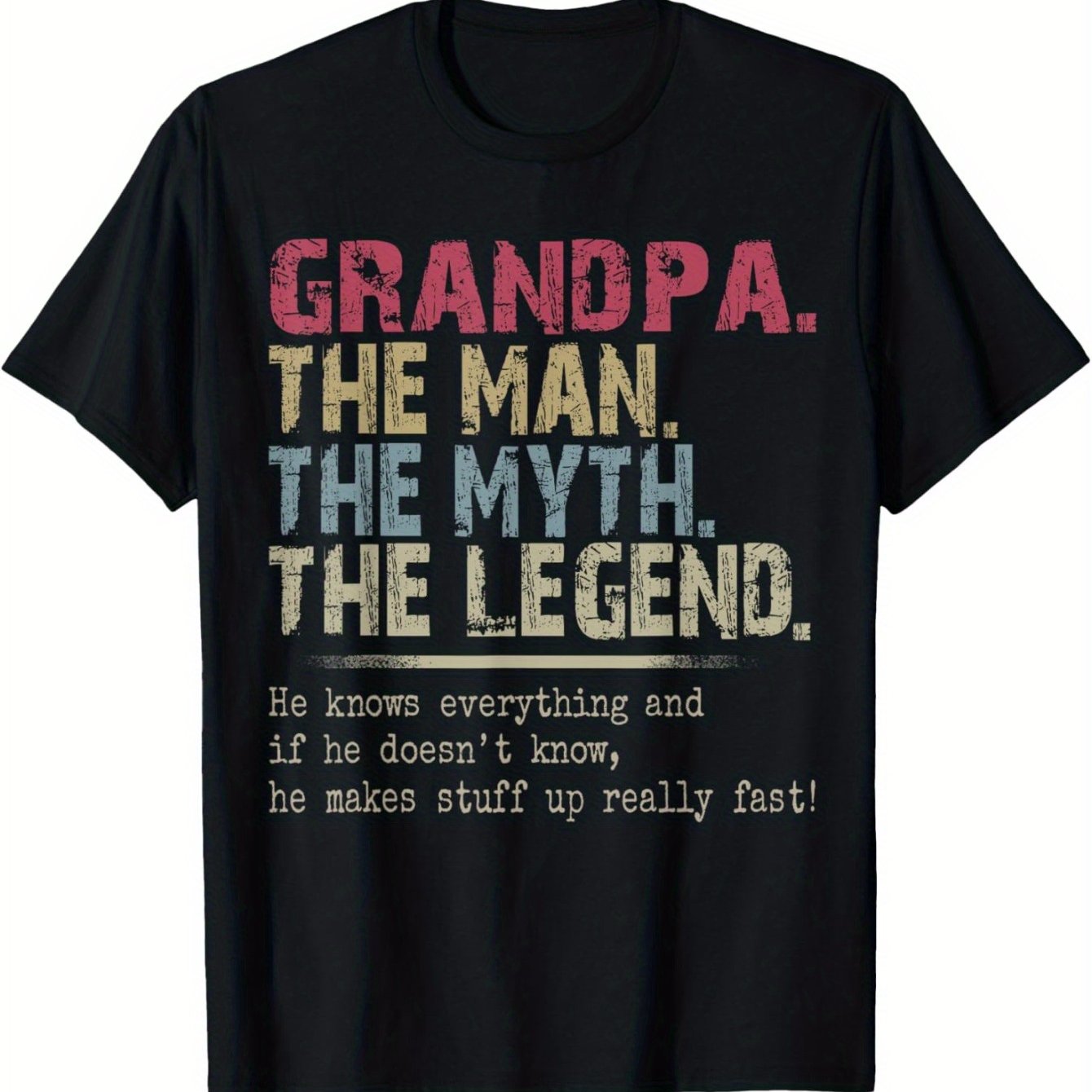 TEMU Vintage Grandpa T-shirt For Men - "for Man Myth Legend" Graphic Print Black 100% Cotton Tee - Soft Breathable Regular Fit Short Sleeve Casual