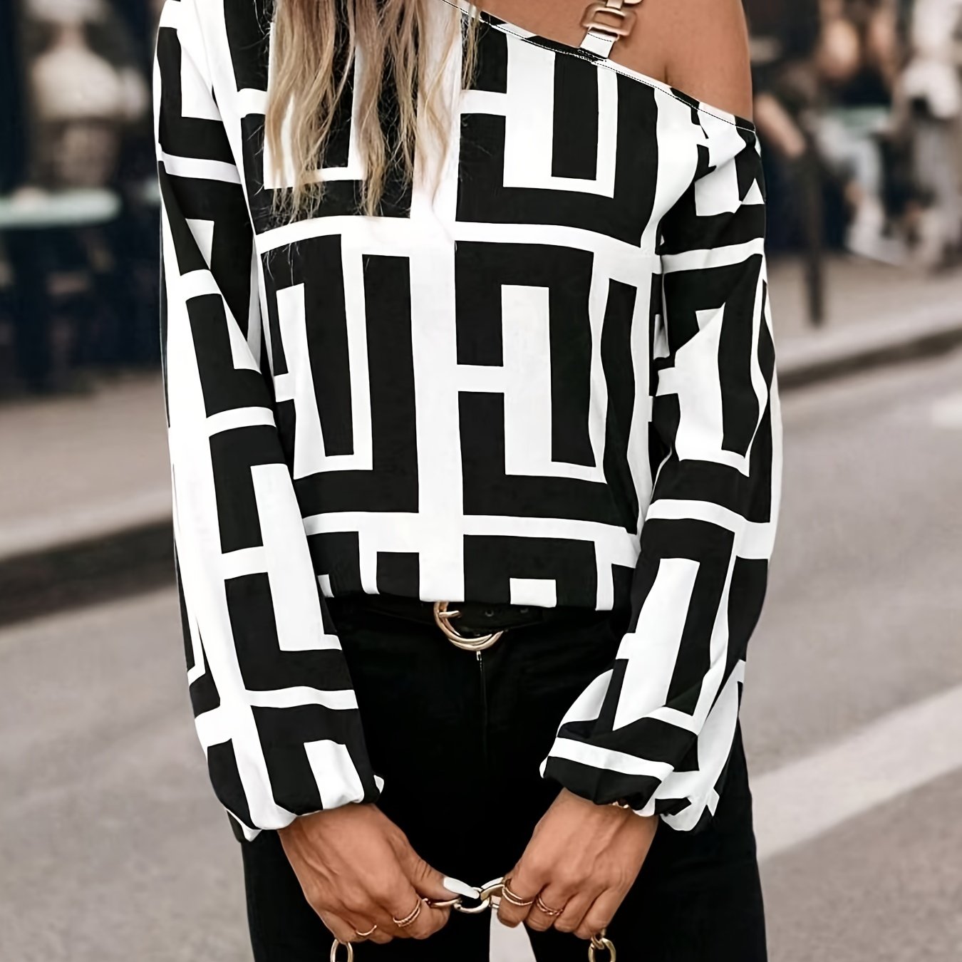 TEMU Elegant Off-shoulder Long Color Block Casual Shirt For Spring/fall - Polyester Spandex Blend, Geometric Pattern, Machine Washable