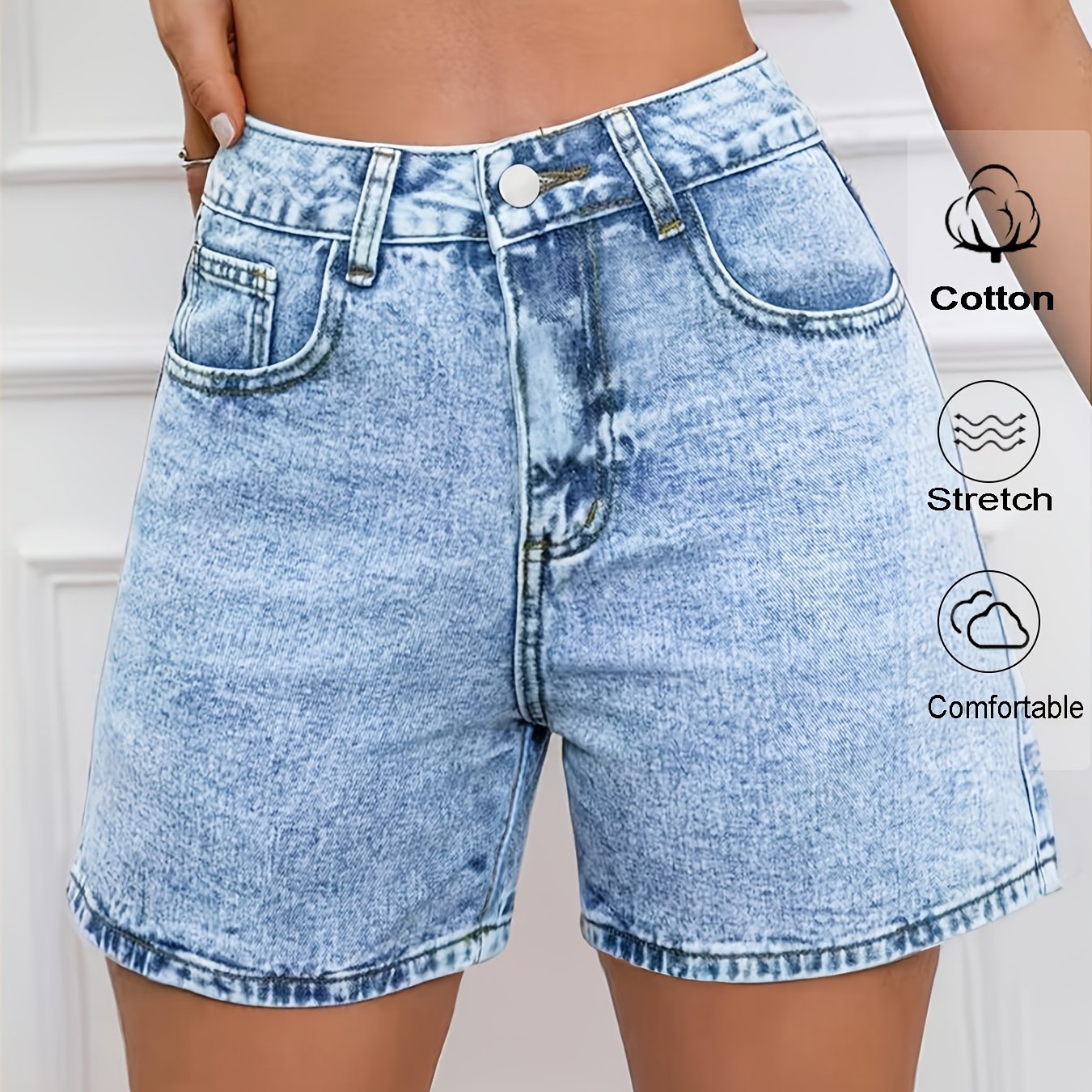 Image of New Style Stretch Denim Shorts For Ladies, Acid-washed Blue Denim Shorts With Pockets, Tummy-hugging Comfortable Pants, Women's Clothing, Suitable For Work, Travel, And Casual Wear For Ladies
