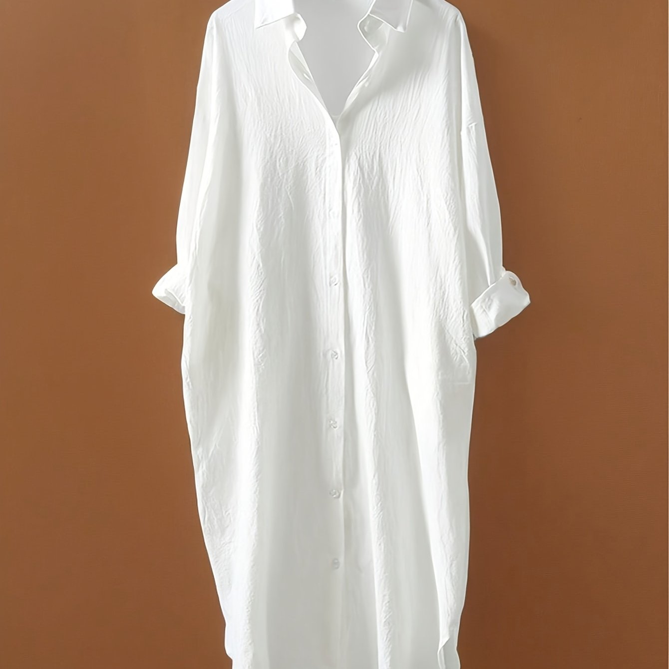 Image of Button-up Shirt With Drop Shoulder Design, Folded Button Long Sleeve Blouse, Casual Loose Tunic Shirt, Women's Fashion