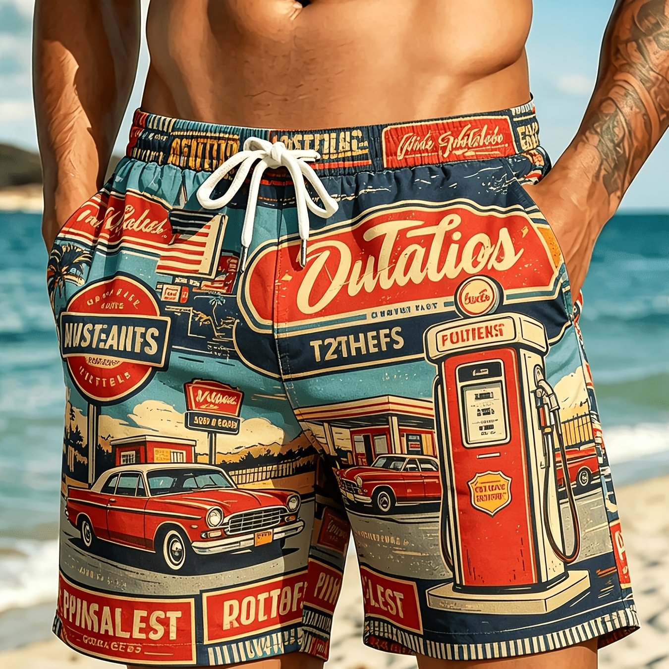 TEMU [print Design-not Textured] Men's Shorts, Gas Station Pattern Print, Athletic Shorts, Thin Shorts, Casual Shorts, Bermuda Shorts, With Pockets