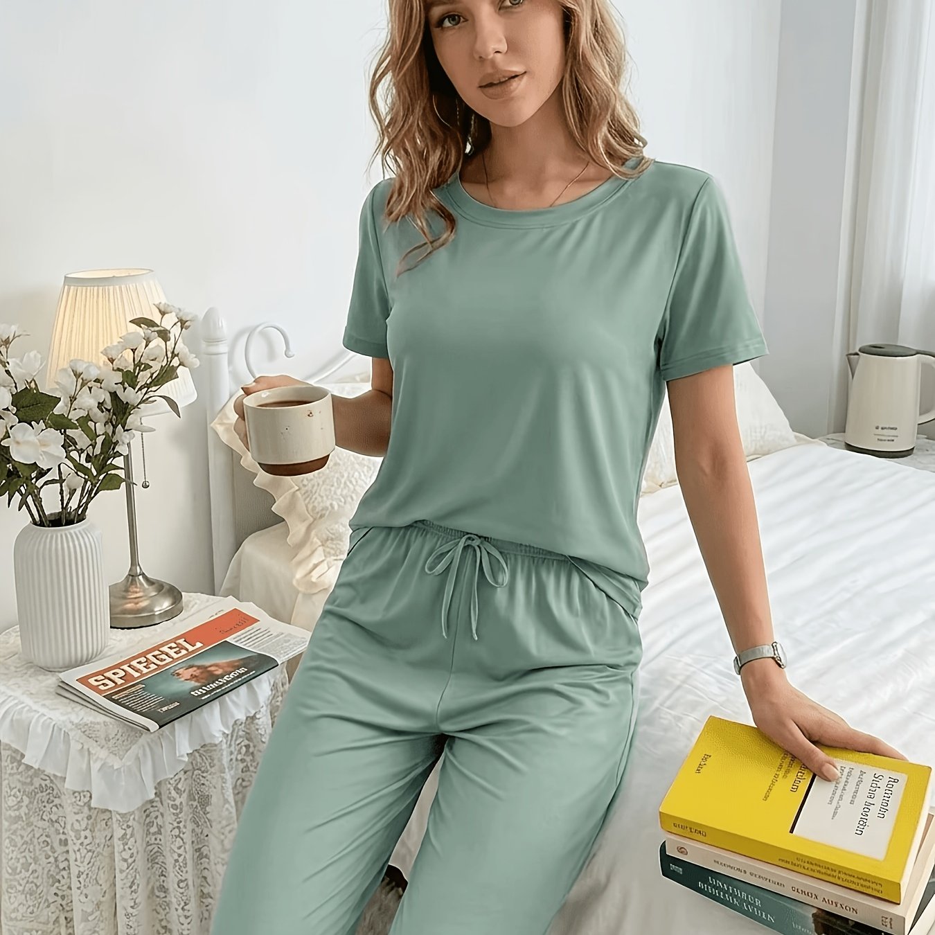TEMU Ensemble 2 pièces en tissu à fibres soyeuses, manches courtes et pantalon long, couleur unie et décontractée