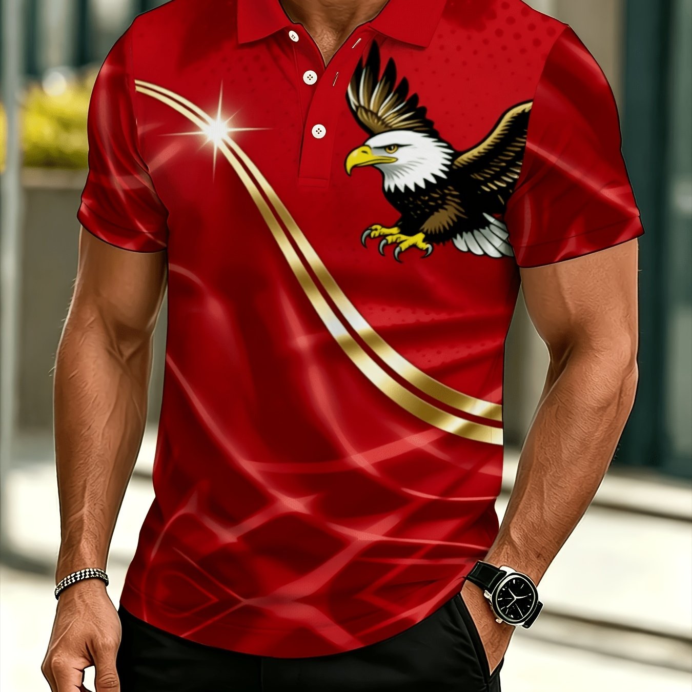 TEMU Men's Summer Shirt, Outdoor Shirt, In Mixed Colors And Multiple Sizes, Featuring A Dynamic White-headed Eagle Print, Suitable For Hiking And