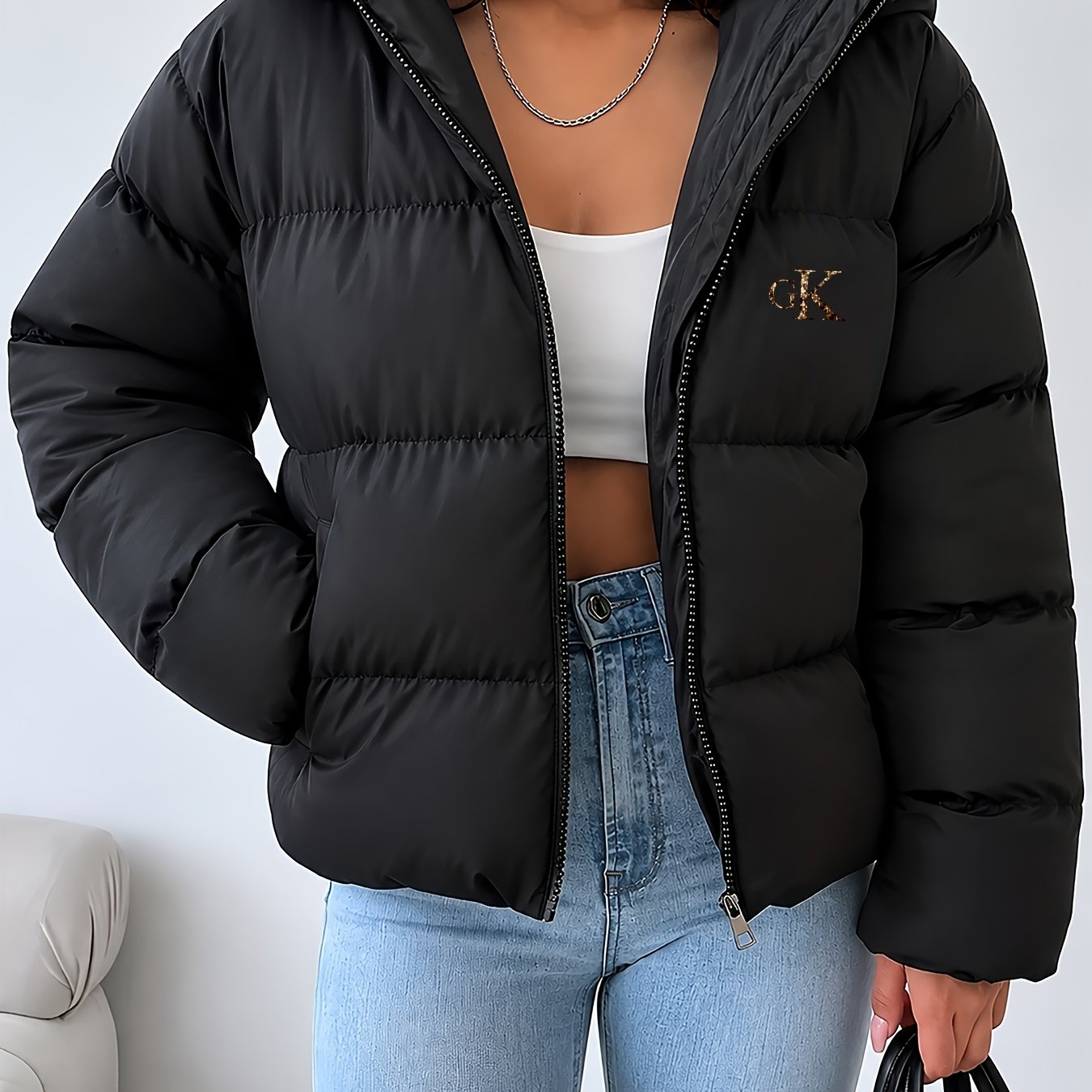 TEMU Women's Fall Winter Short Padded Hooded Jacket, Gk Metallic Texture Print, Warm Fluffy Zippered Bread Jacket, Fashion Casual Versatile Jacket