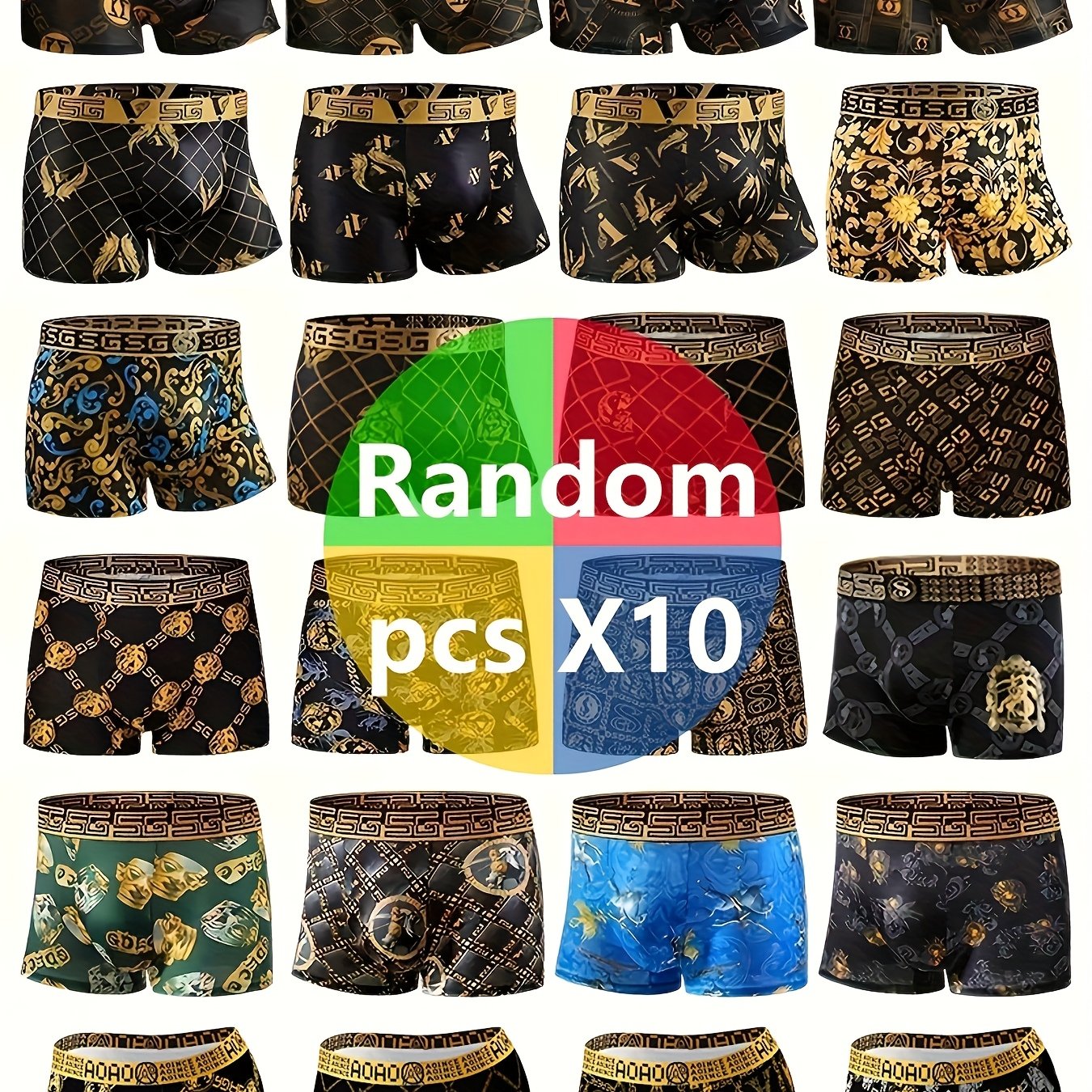 Image of Random 10pcs Men's Boxer Briefs - Breathable -dry Underwear With Black & Golden Geometric Print, High Elasticity Durableboxers For Motion & Casual Wear, Comfortable Underwear, Luxury Men's Apparel