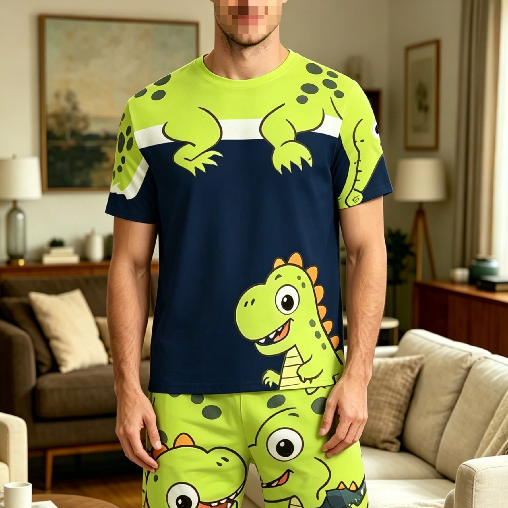 TEMU Men's Dinosaur Print Pajama Set, Short Sleeve Crew Neck T-shirt & Shorts, Summer Casual Loungewear