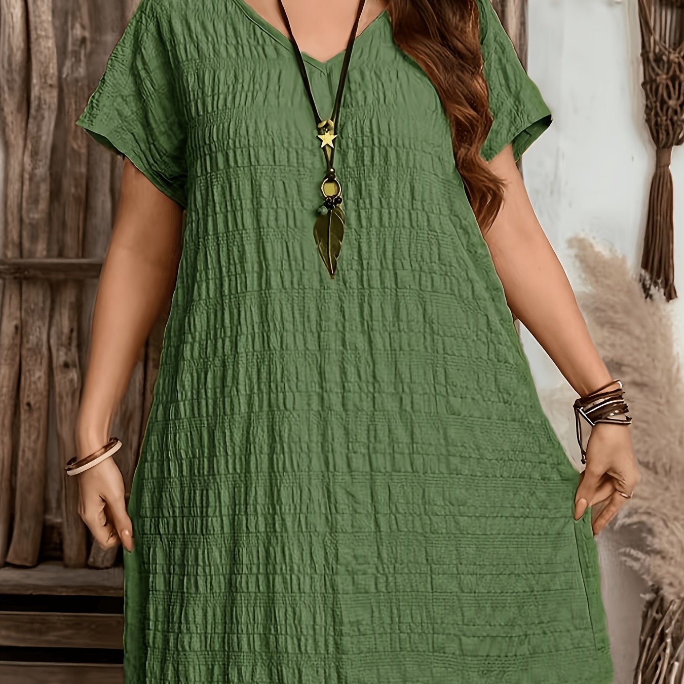 TEMU Plus Size - Middle Eastern Plus Size Single Pack V-neck Solid Color Fashionable Western Ethnic Style Trendy Retro Lazy Loose Short Sleeve Dress