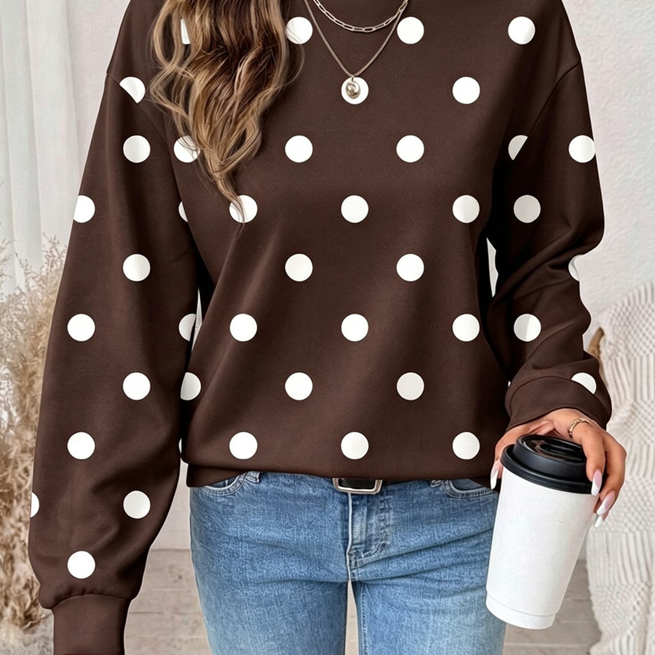 TEMU [printed Design - Not Textured] Women's Casual Round Neck Sweatshirt, Easy Retro Elegant Commuting Versatile Digital Printed Pattern Round Neck