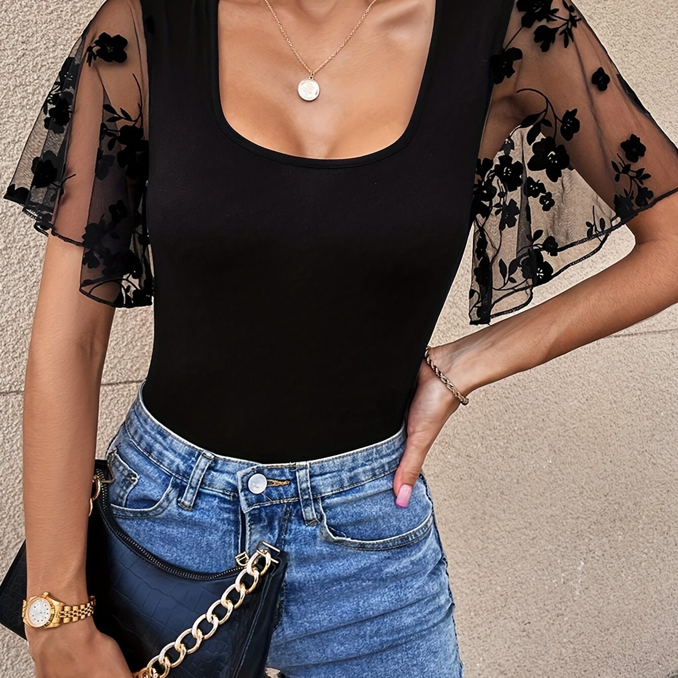 TEMU Ladies Colorful Floral Mesh Puff Sleeve Round Neck Top