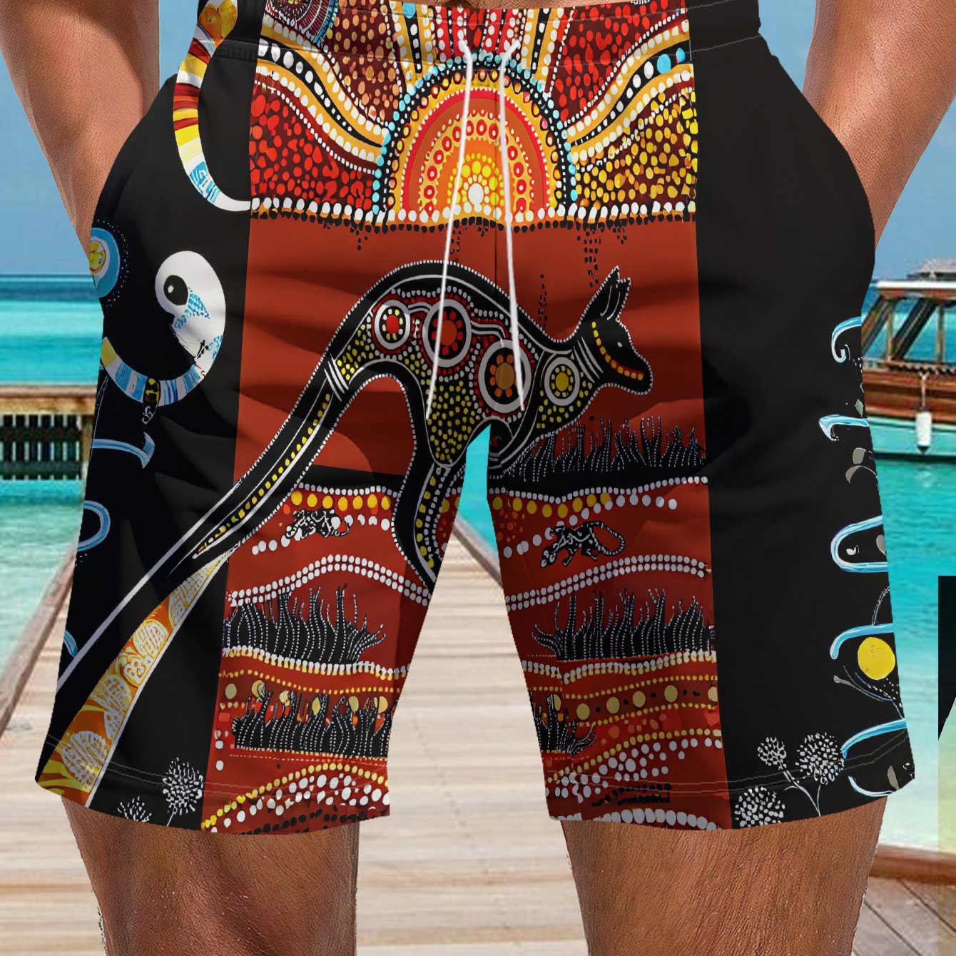 TEMU Men's Summer Beach Vacation Shorts With Colorful Kangaroo, Sun, And Abstract Patterns - Quick- 100% Polyester, Drawstring Waist, Summer , Casual