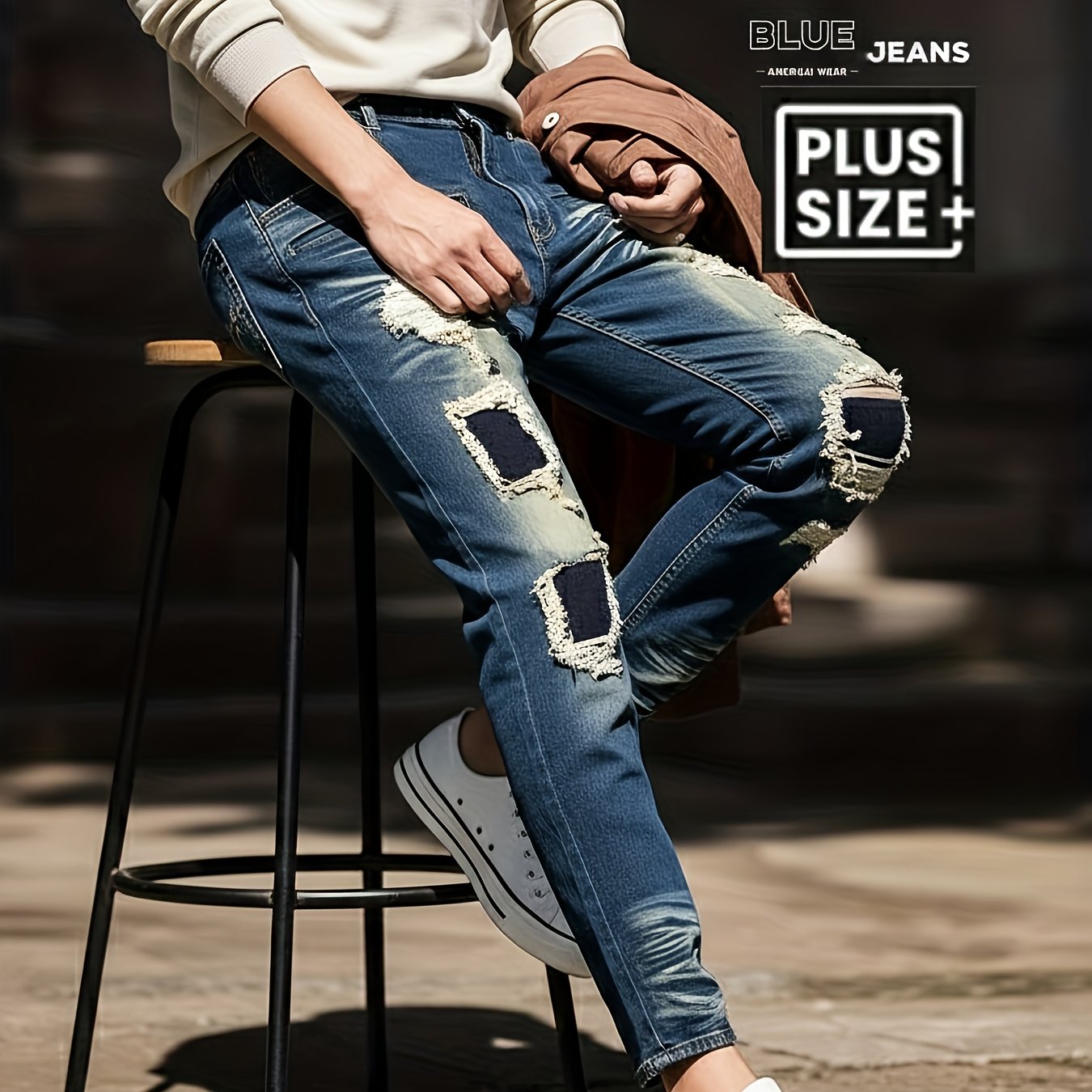 TEMU [hme] Men's Retro And Trendy Denim Long Pants, Remade Water For Hand Washing And Cat Beard Tattooing, Fashion Perforated Patch Vintage Design,