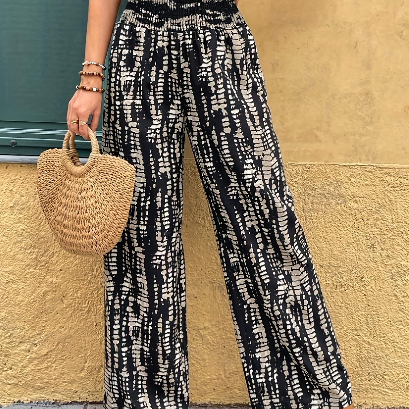 Women's High-waisted Elegant Vacation Pants - Floral Print Straight-leg Trousers, 100% Polyester Machine-washable Lightweight Casual Outfits For Spring Summer Fall