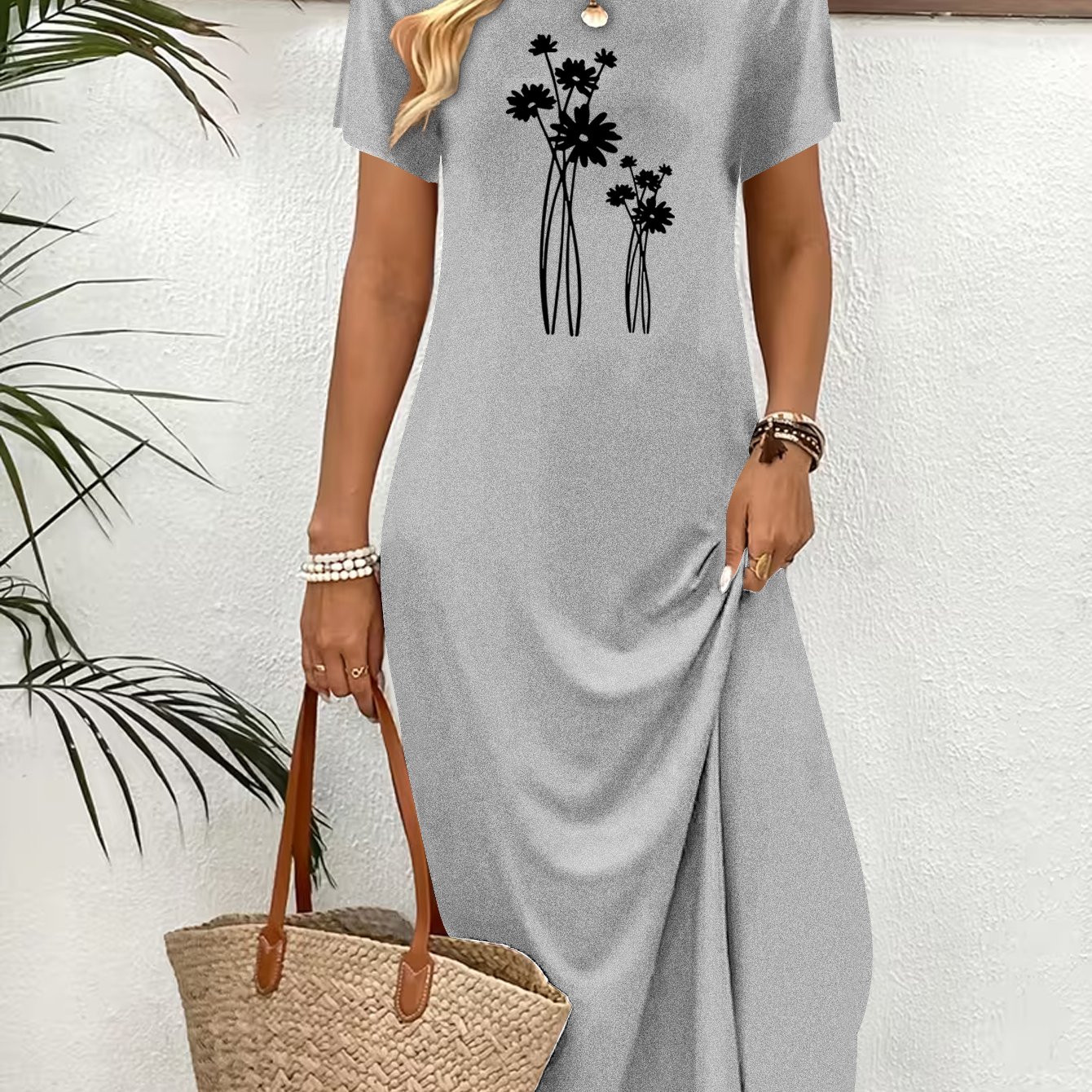 TEMU Women's Maxi Dress Dandelion Print Short Sleeve Beach Dress - Soft Breathable Round Neck Midi/maxi Length Dress Suitable For , Casual Outfits,