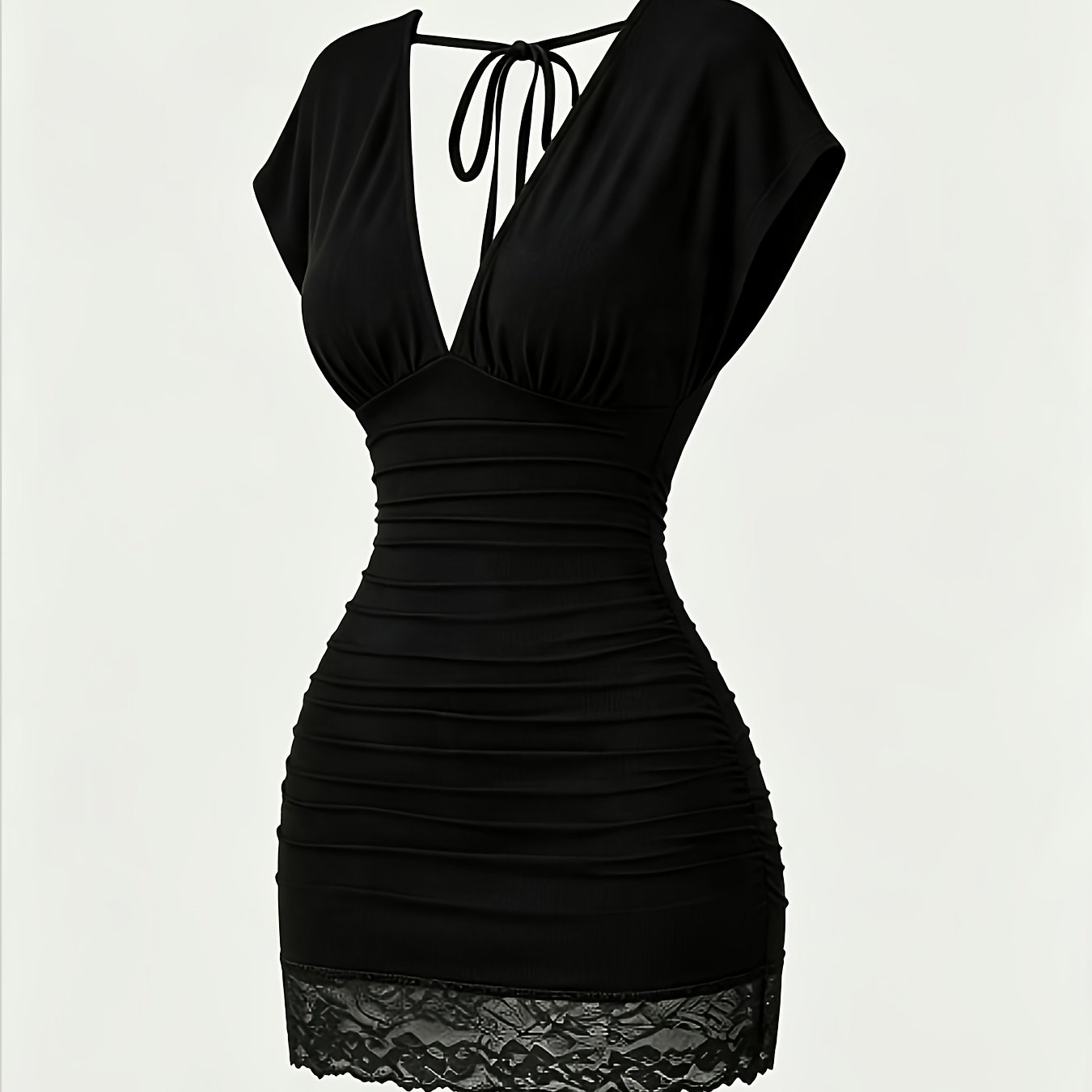 TEMU Solid Color Dress With Front And Back V-neck, Pleated Waist, And Lace Trim Design