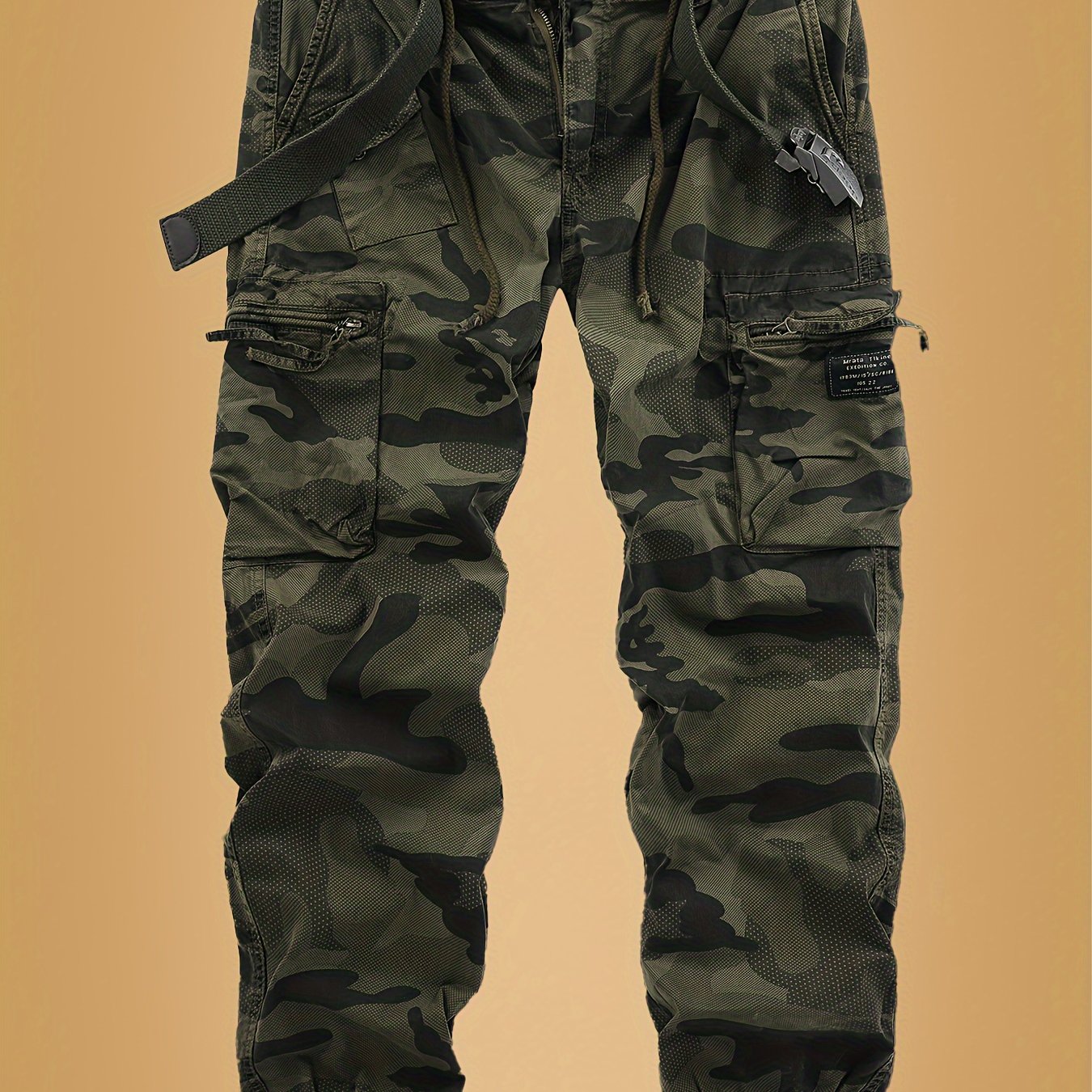 Image of American-style Camouflage Cargo Pants For Spring And Autumn, Featuring Multiple Zippered Pockets, Comfortable And Breathable, Trendy For Outdoor Sports And Casual Wear, Does Not A Belt