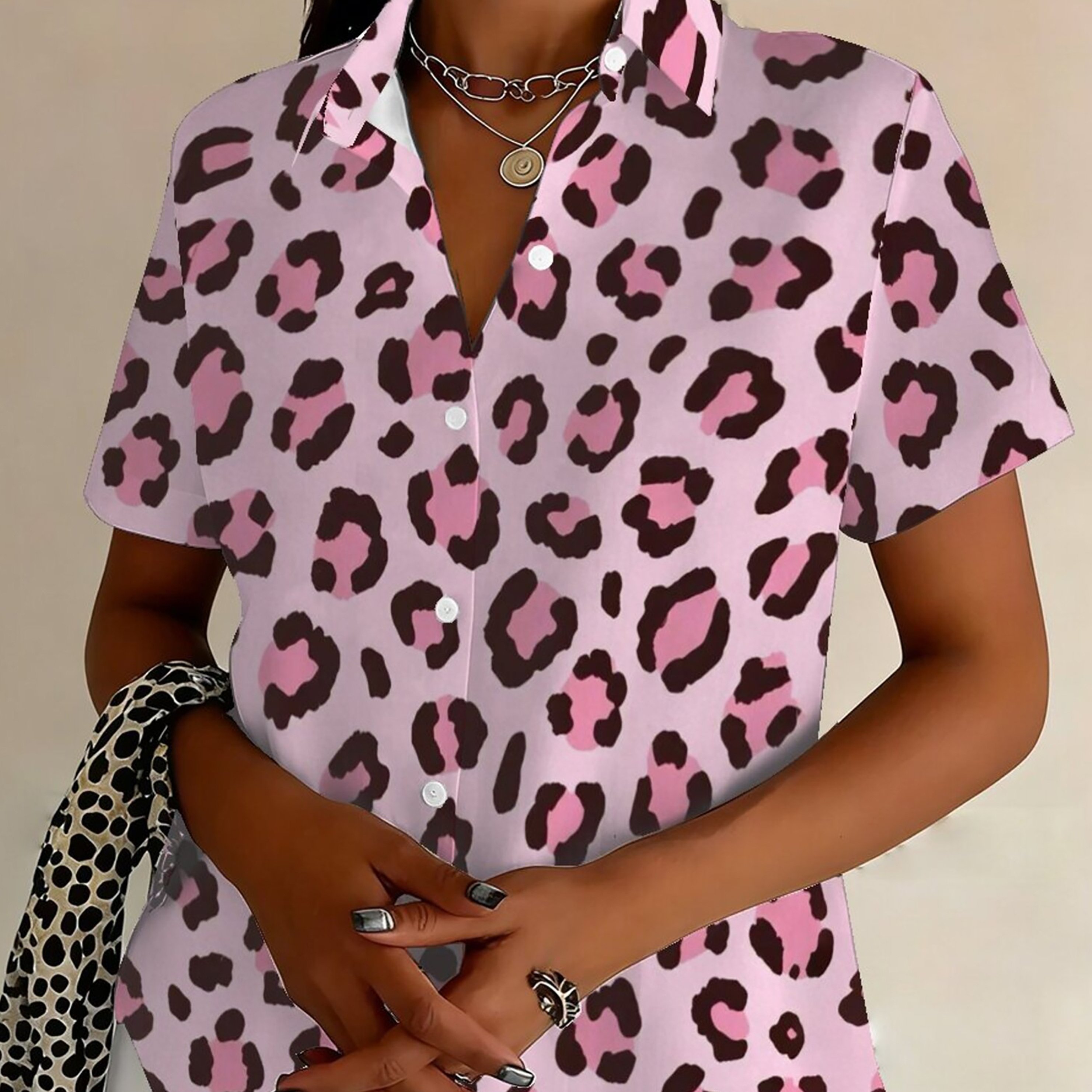 TEMU Plus Size, Plus Size Women's Casual Short Sleeve Pink Leopard Print Button-up Shirt With Fashionable Lapel Collar Cardigan