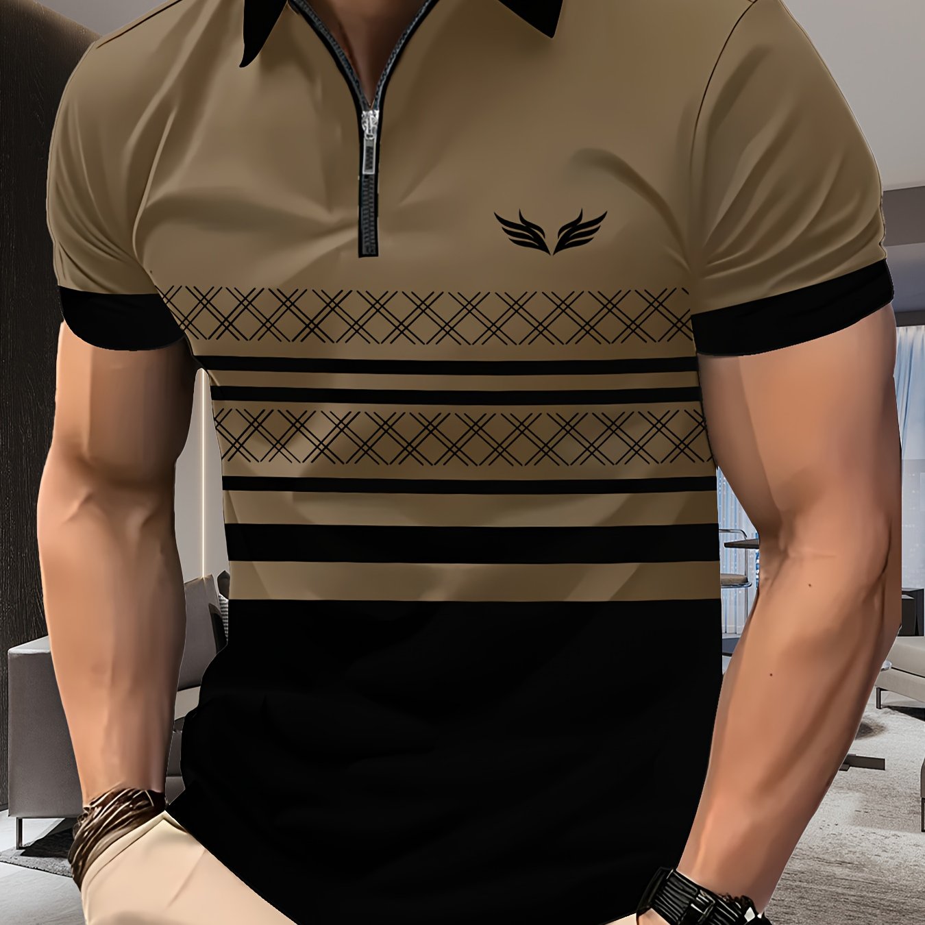 Men's Print Short Sleeve Zipper Collar Shirt For Summer Daily Wear, Stylish Zipper Collar Design T-shirt With Dual Feathers
