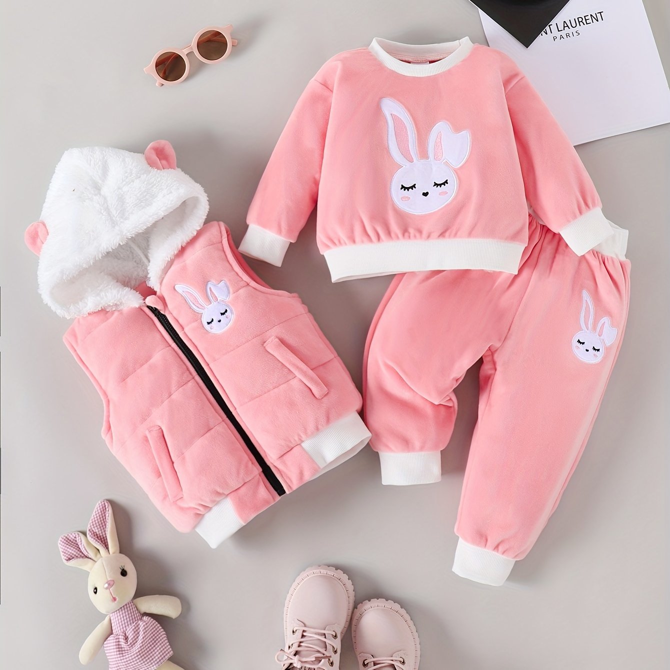 Image of Girls' Autumn/winter Cute Rabbit Embroidered Suit Set With Long Sleeve Pants And Vest 3pcs