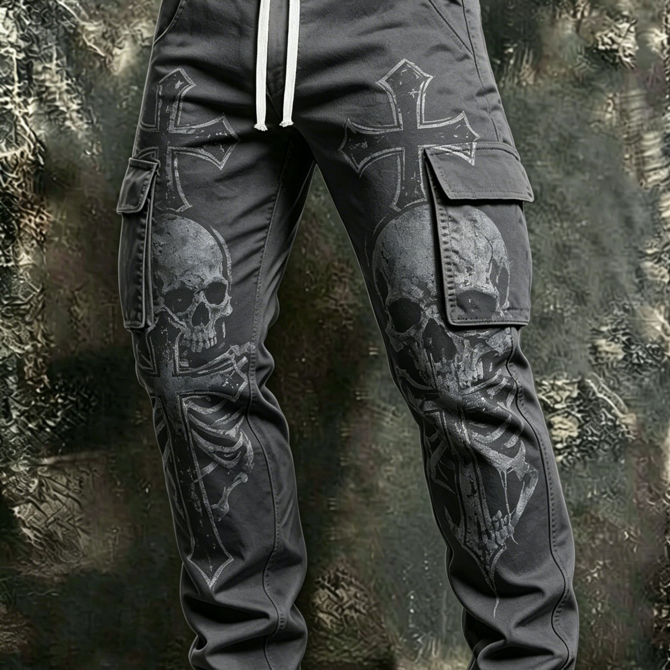 Image of 2026 Men's New Daily Casual Cargo Pants (drawstring), Multi-pocket, Dark Gothic Skull Design, -spangled , Comfortable And Breathable Fabric, Suitable For Daily , Leisure, Outdoor Activities