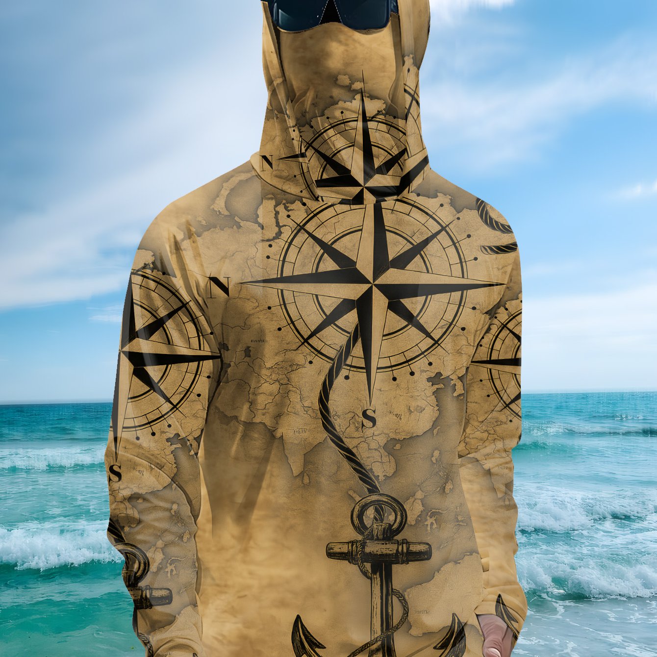 TEMU Print Design - Non-textured Men's T-shirt, Hoodie, Men's Long Sleeve T-shirt With Mask And Hood Design, Lightweight Breathable Long Sleeve For