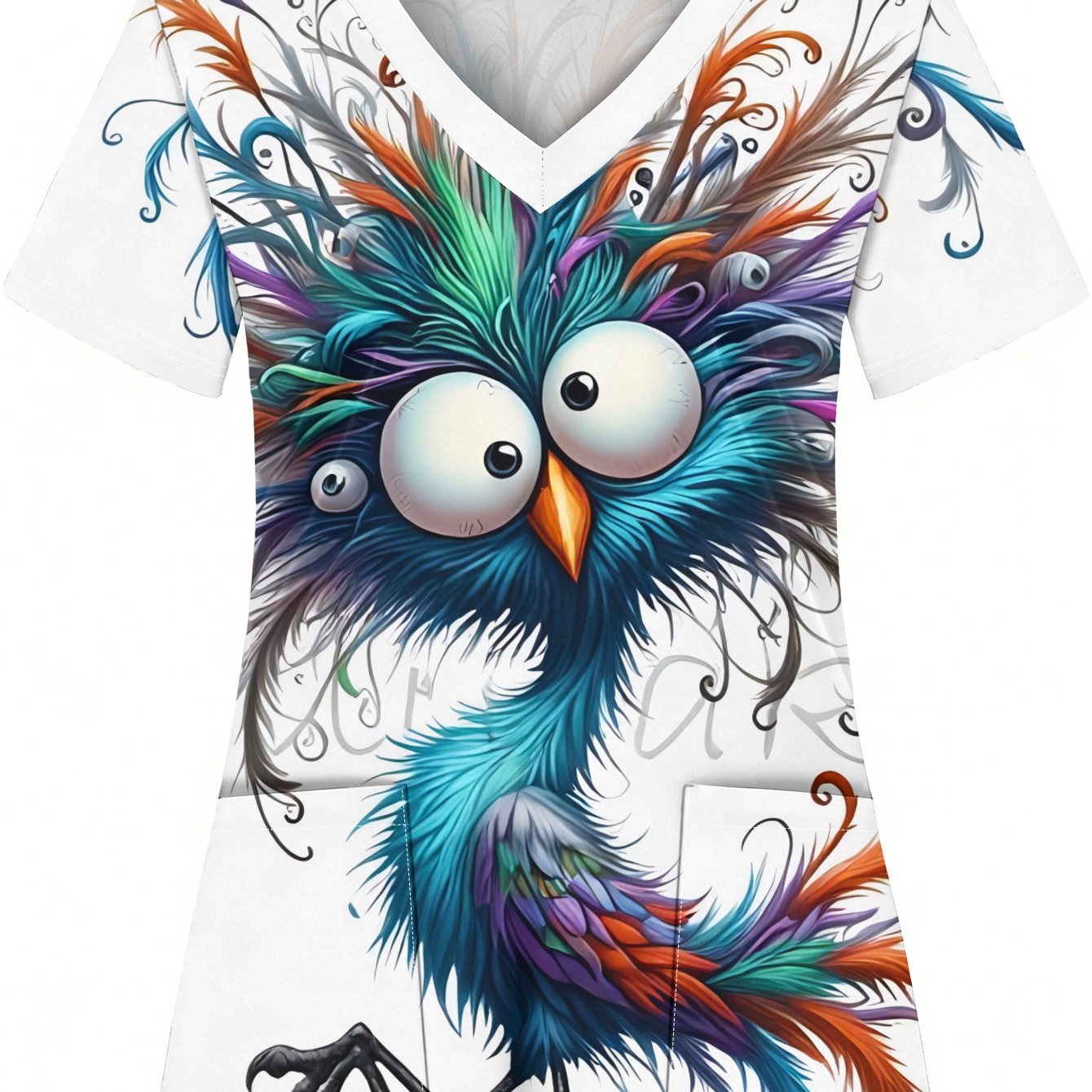 TEMU Women's V-neck Top With Colorful, Big- Bird Print, And Pockets, Short Sleeves