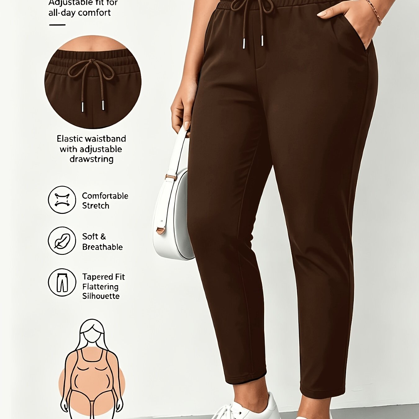 TEMU Plus Size, Plus Size Women's Drawstring Elastic Waist Jogger Pants, Soft Stretchy Tapered Casual Trousers, Versatile Breathable Everyday