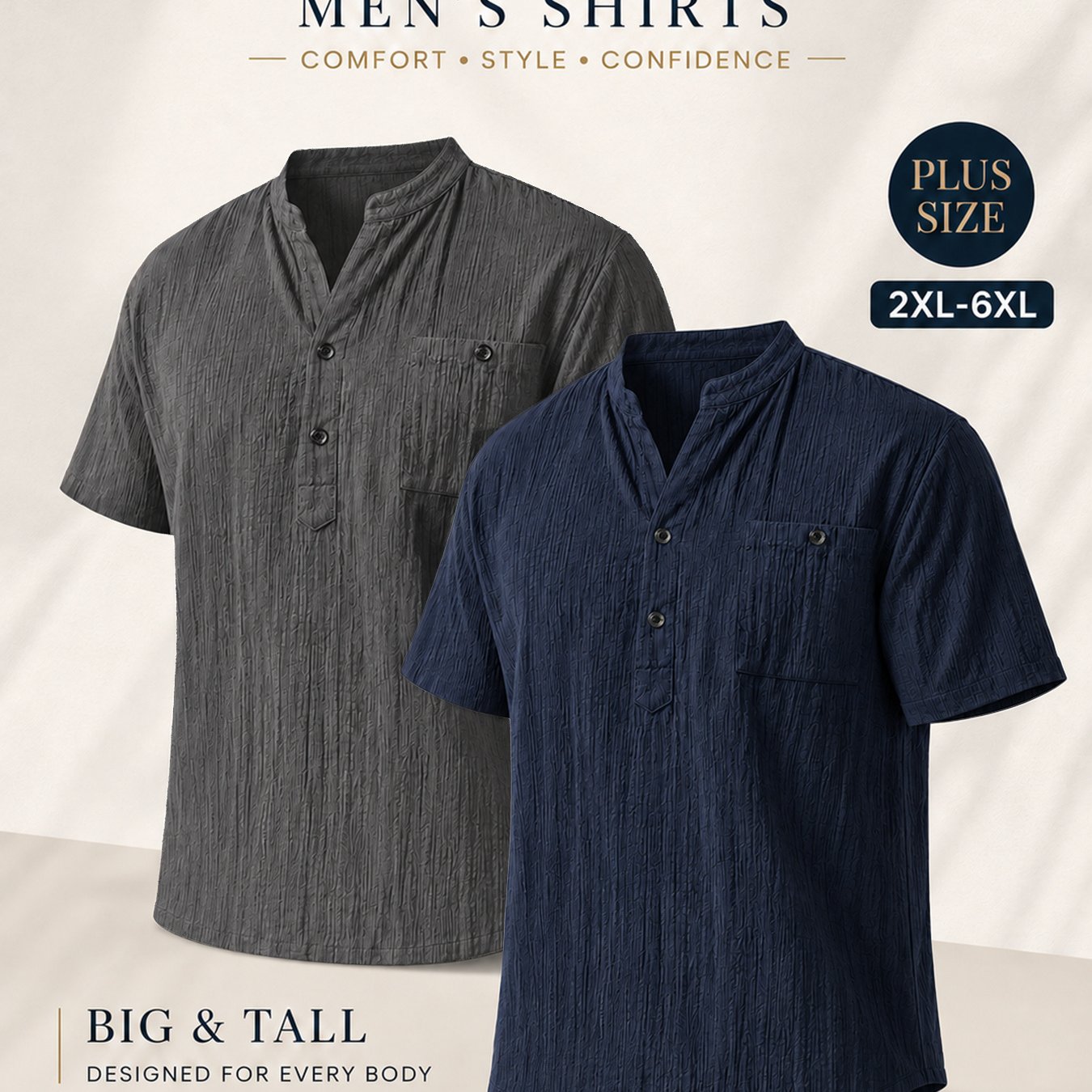 TEMU Chaoying Obm 2pcs Men's Plus Size Short Sleeve Henley Shirt, 2xl-6xl Large Size Lightweight Breathable Summer Button-up Shirt, Loose Solid Color