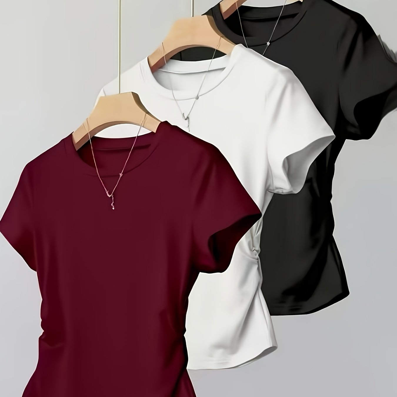 Image of 3pcs Y2k Retro Casual Short Sleeve T-shirt Set - Slim Fit Round Neck, Medium Stretch, /burgundy Women's Spring Summer Fall Essential, Cute Nontransparent Short Sleeve Top