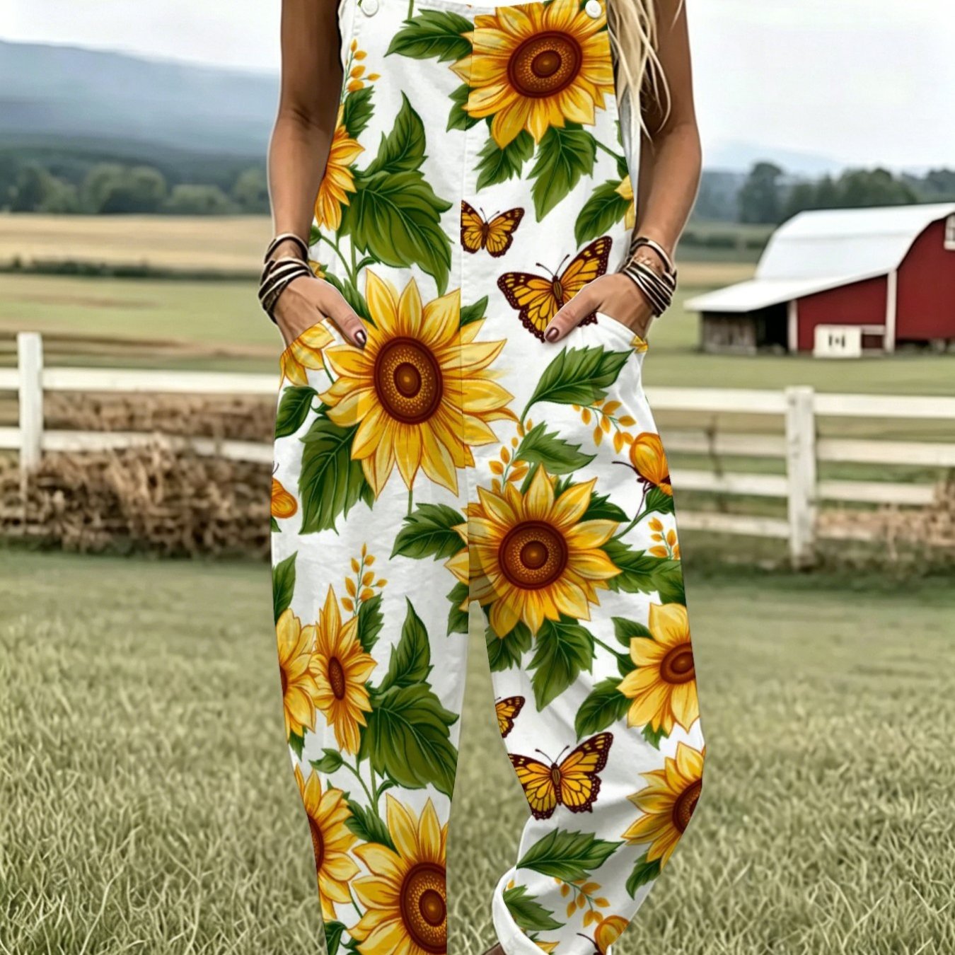 TEMU Women's Leisure Overalls, Sunflower Yellow Common Sunflower Petal Cut Flowers, Fashion Sleeveless Button Design With Pockets, Suitable For