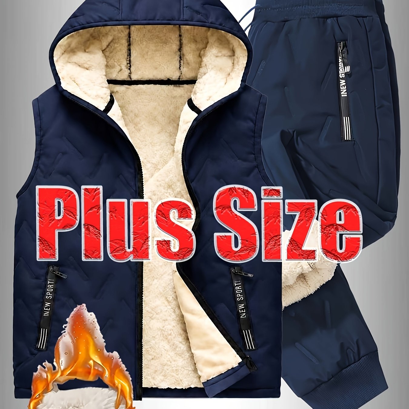TEMU 2pcs Men's Oversized Casual Sport Hoodie Vest And Plus-size Fleece-lined Thermal Ankle-length Pants, Extended In Size And Length, Ideal For