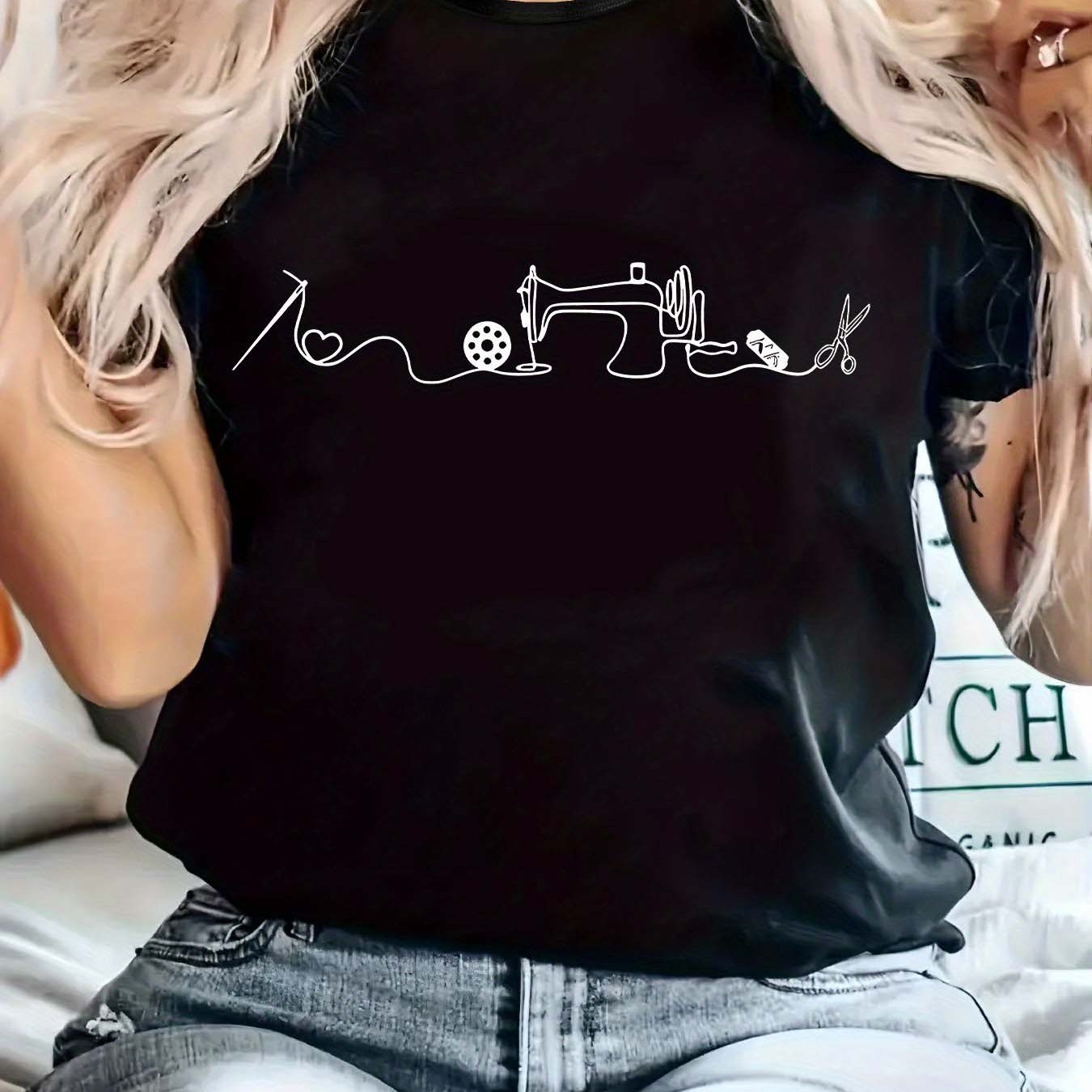 TEMU Women's Plus Size Sewing Machine Print T-shirt - Continuous Line Art Round Neck Short Sleeve Blouse Suitable For Curvy, Machine Washable Comfy