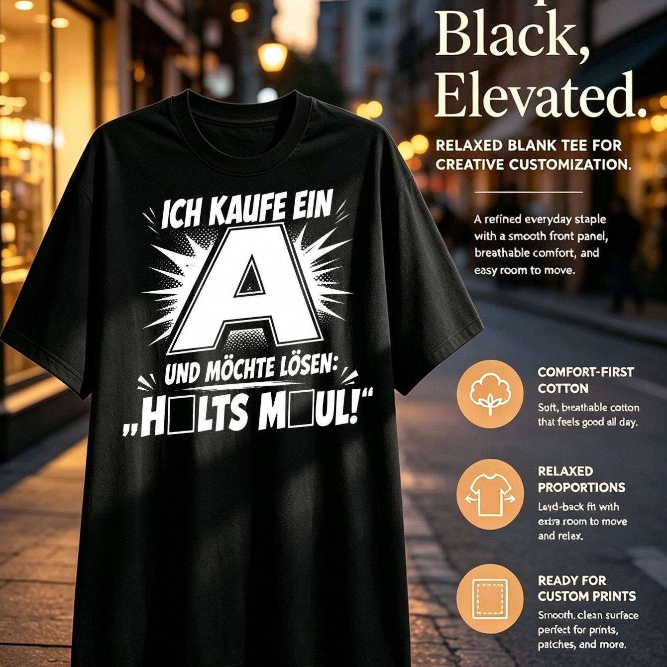 Image of Men' & Oversized German "ich Kaufe Ein A" T-shirt - Comic Letter A Puzzle Joke, German Word , Round Neck Casual Tee Suitable For Wear, Machine Washable Apparel