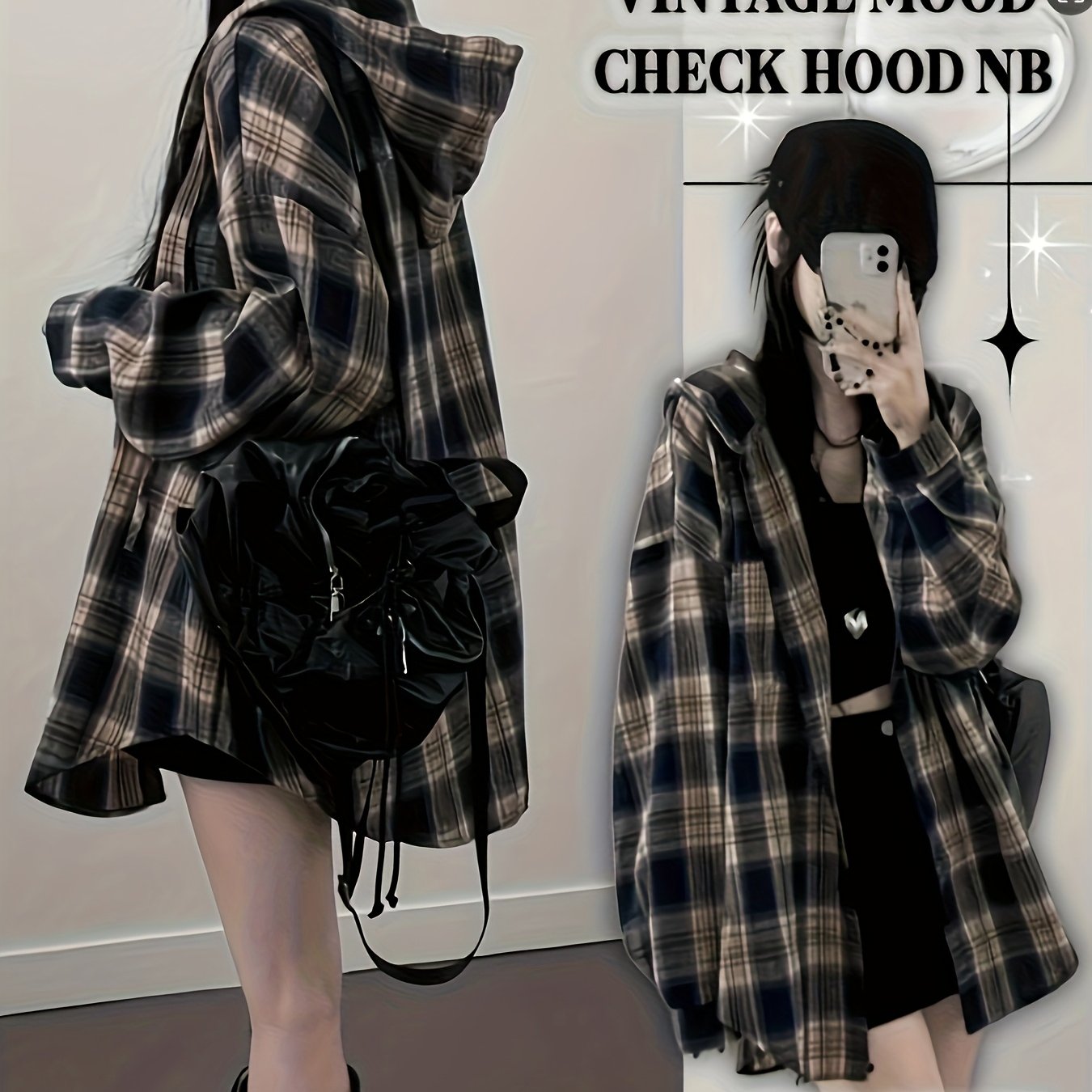 Hooded Mid-length Checkered Shirt Jacket Women's Early Spring New Loose Premium Long Sleeve Cardigan Top Directional