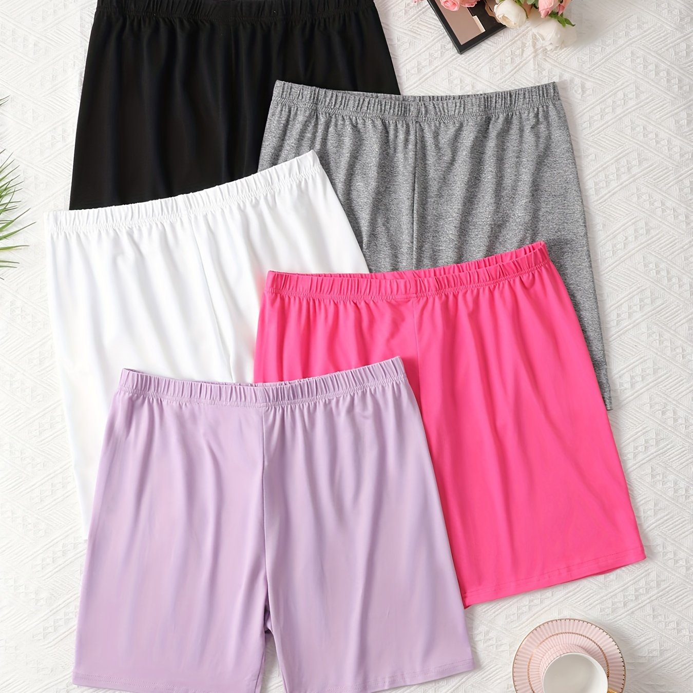 5pcs Women's Plus Casual Lounge Shorts, Plus Size Solid Elastic Waist Medium Stretch Shorts