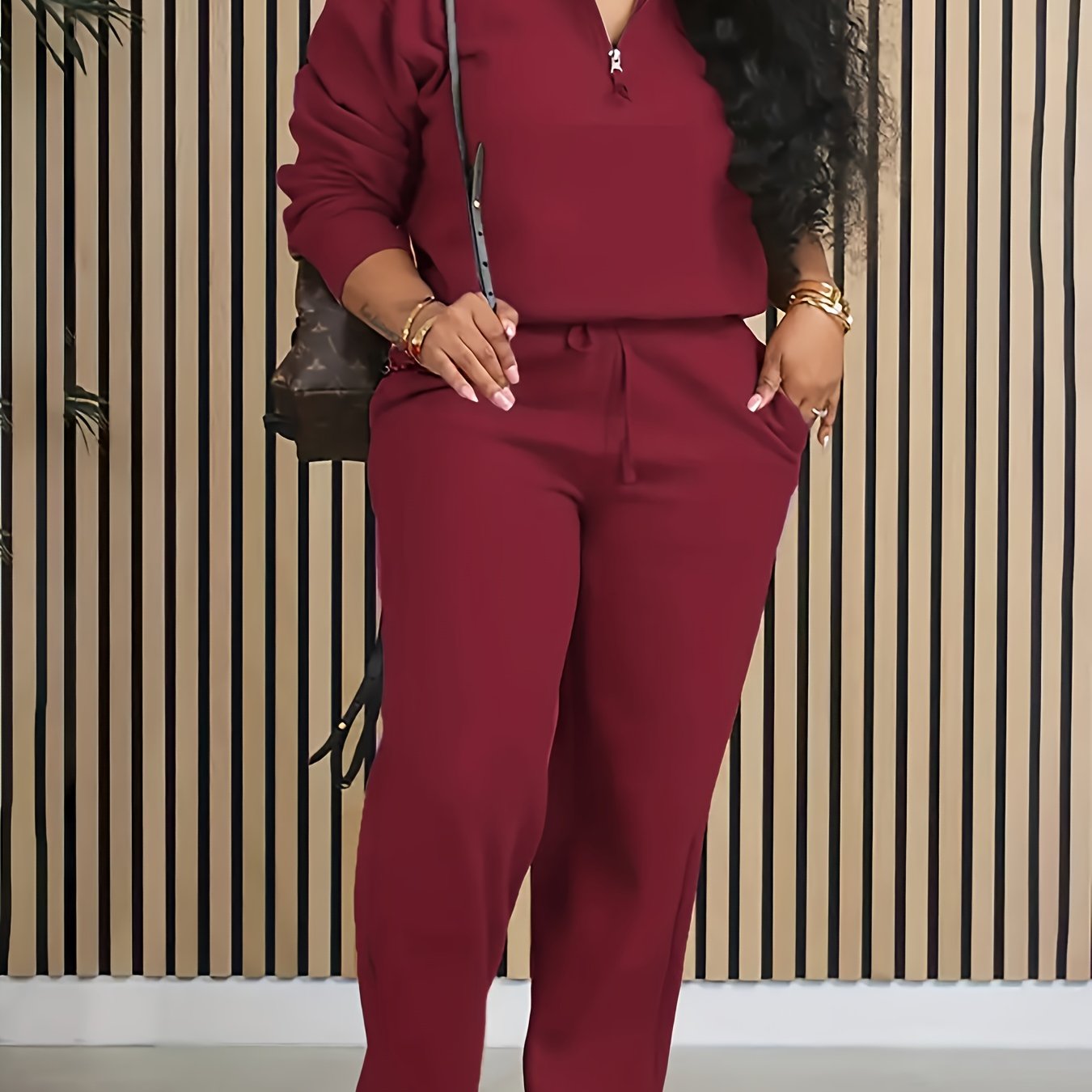 TEMU Women's 2pcs Sportswear Set | Autumn Long Sleeve Half-zip Athletic Outfits With Wide Leg Jogger Pants, Casual Sportswear Set With Pockets,