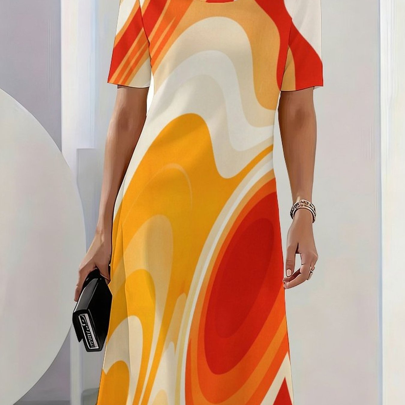 TEMU Plus Size, [printed Pattern - Non-3d Texture] Casual Plus-size Women's Dress Retro Swirl Print Design Geometric Minimalist Outdoor Women's Round