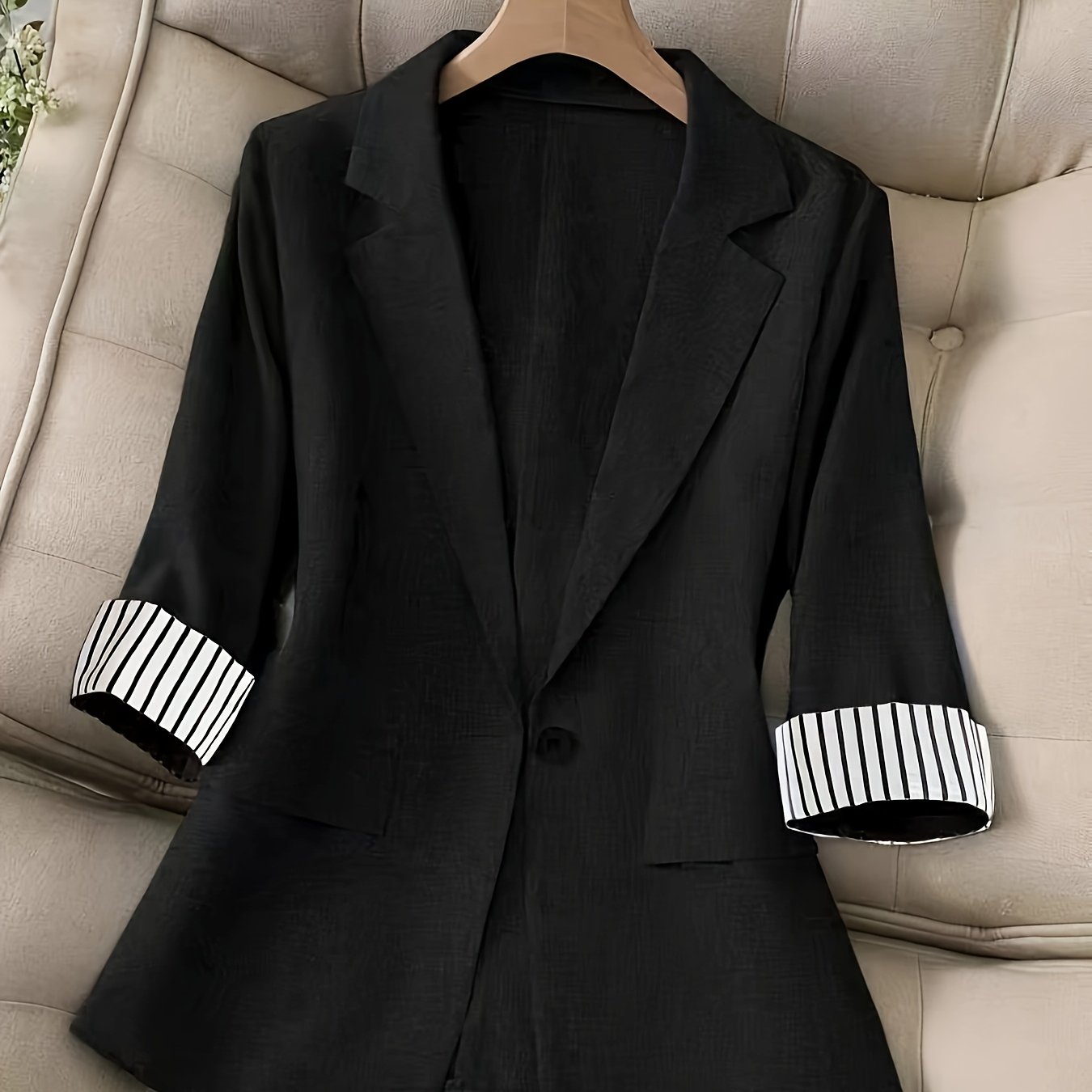 TEMU New Women's Fashion Casual Office Commuting Lapel Striped Single-breasted Slim Fit Three-quarter Sleeve Blazer 603#