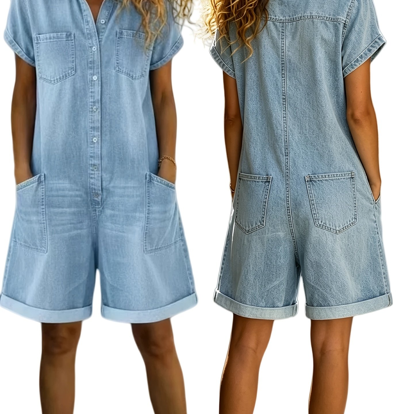 TEMU Collared Short-sleeve Button-front Cropped Denim Jumpsuit With Trouser