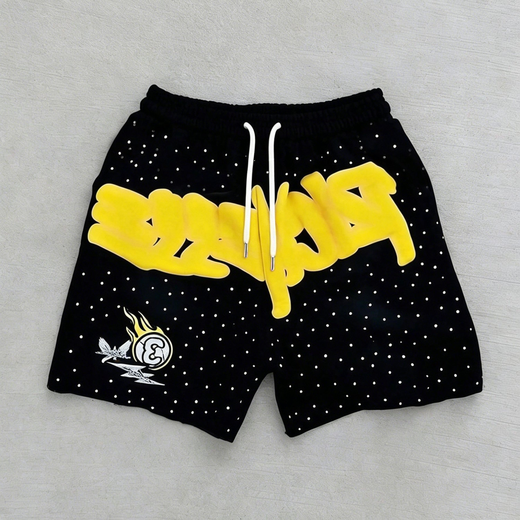 TEMU Men's Y2k Rhinestone Shorts - Black Rhinestone Print Streetwear Casual Regular Fit Suitable For Spring Summer Fall, Machine Washable Outdoor