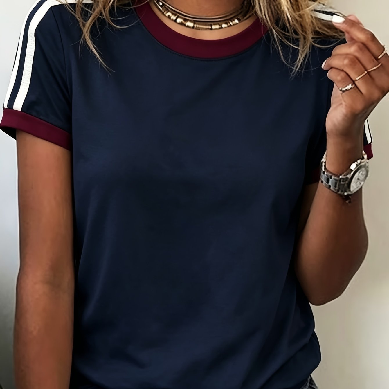 TEMU One-piece Retro/casual , Non-restrictive Fit Round Neck -block Women's Summer Daily All-match T-shirt Short Sleeve Top